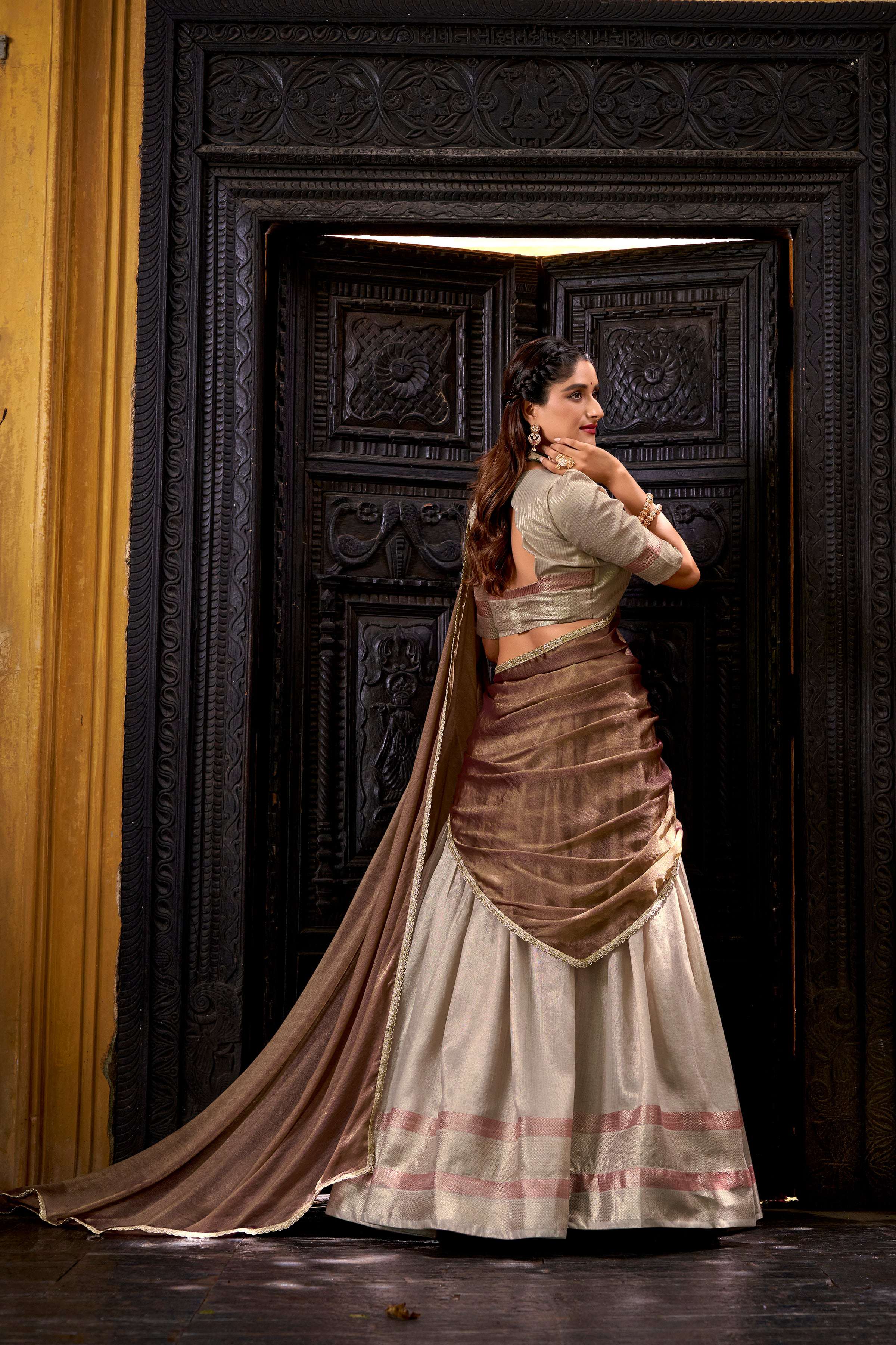 Evanik Traditional Cream Dupion Silk With Zari Weaving Work Fully Stitched Lehenga Choli