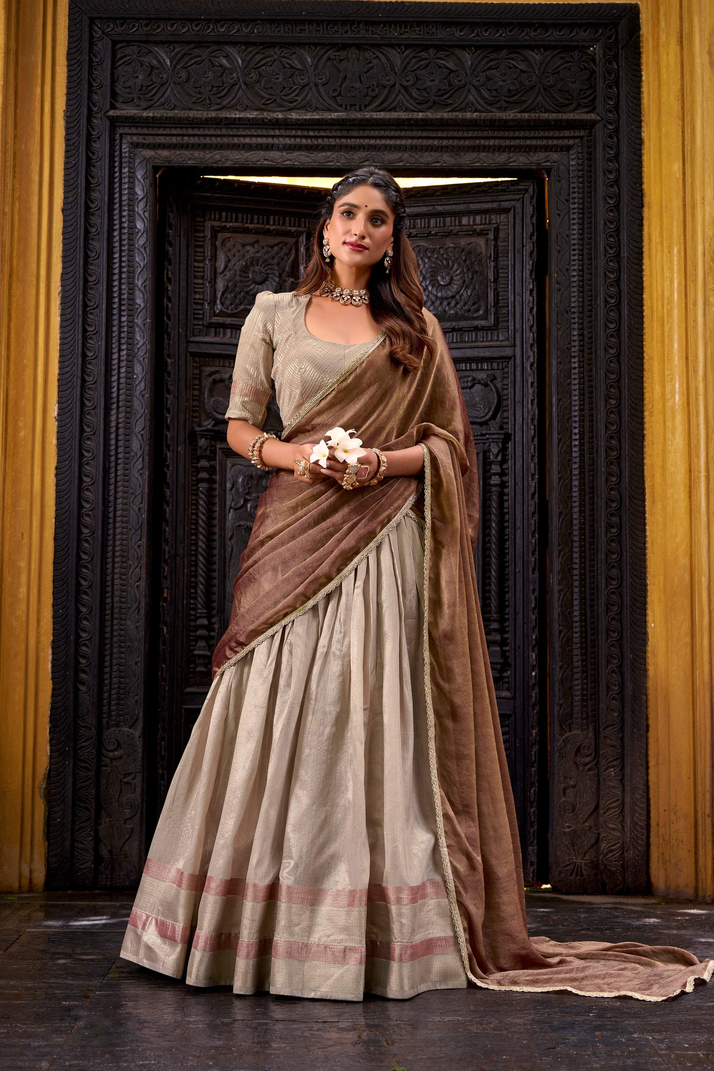Evanik Traditional Cream Dupion Silk With Zari Weaving Work Fully Stitched Lehenga Choli