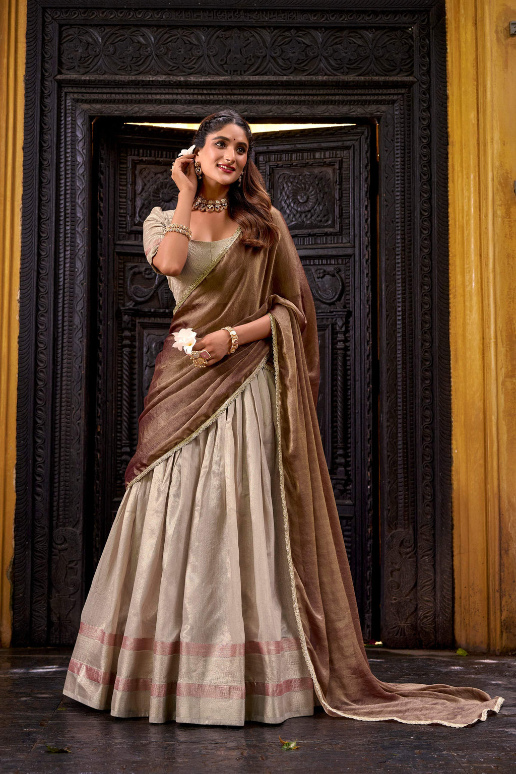 Evanik Traditional Cream Dupion Silk With Zari Weaving Work Fully Stitched Lehenga Choli