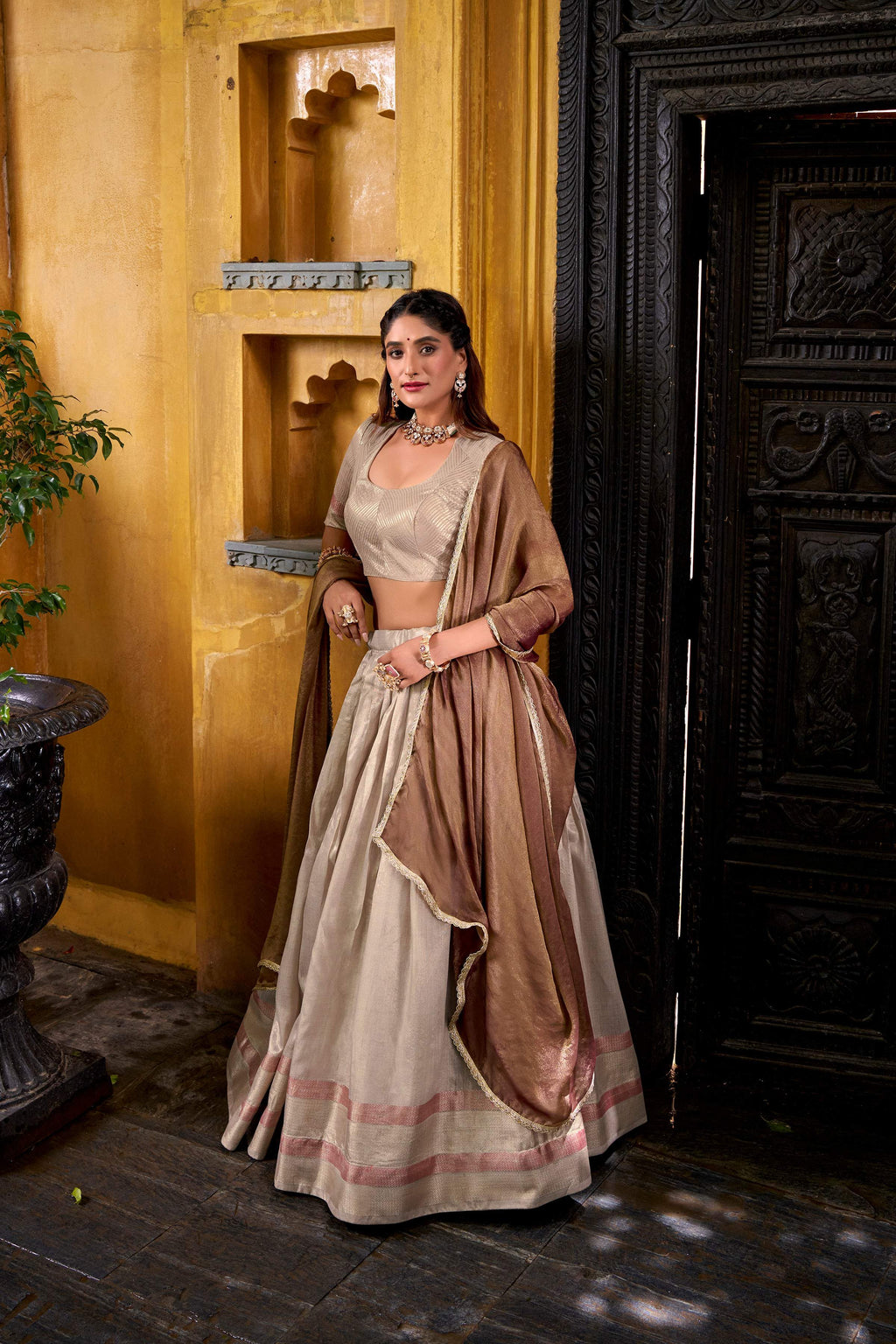 Evanik Traditional Cream Dupion Silk With Zari Weaving Work Fully Stitched Lehenga Choli
