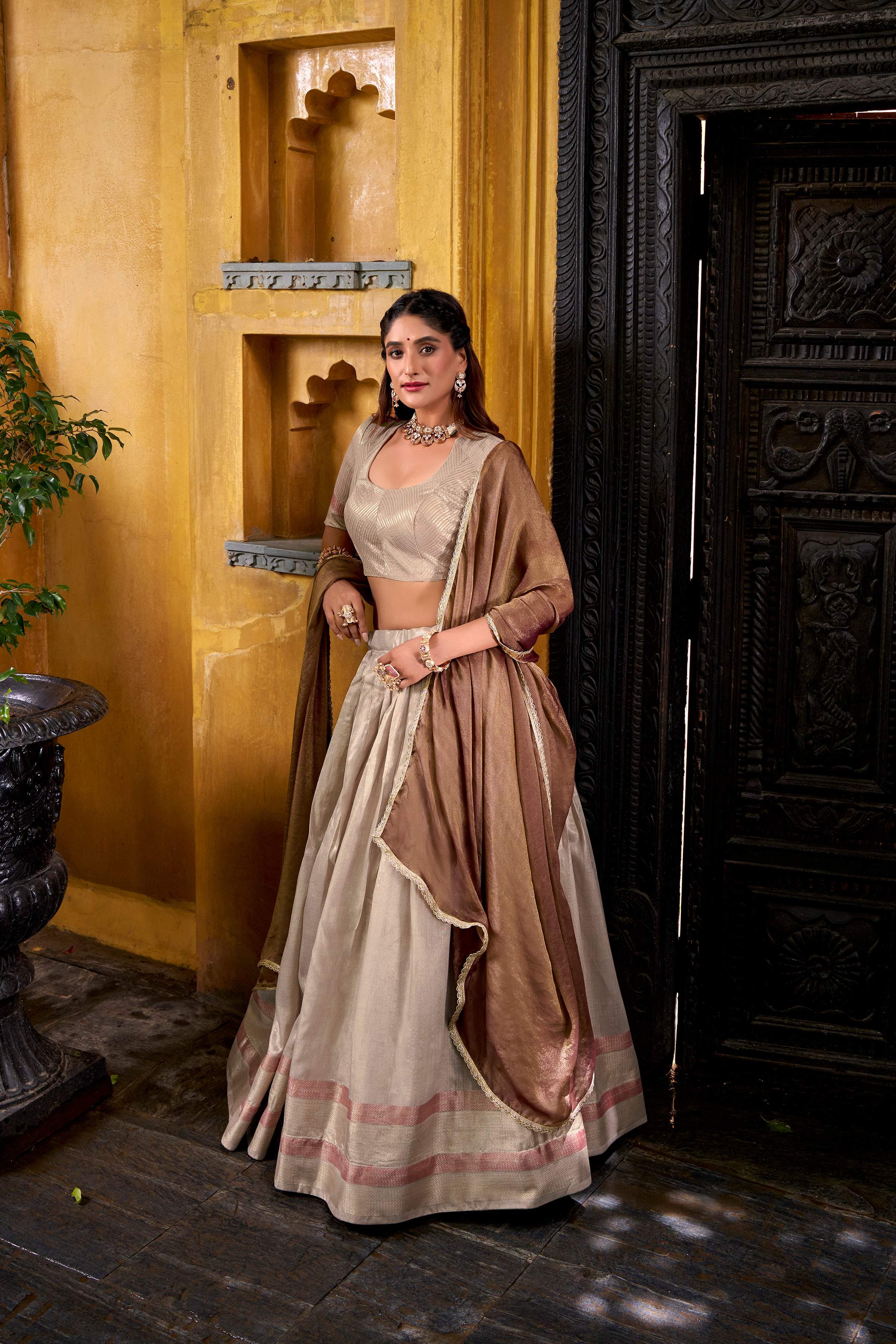 Evanik Traditional Cream Dupion Silk With Zari Weaving Work Fully Stitched Lehenga Choli