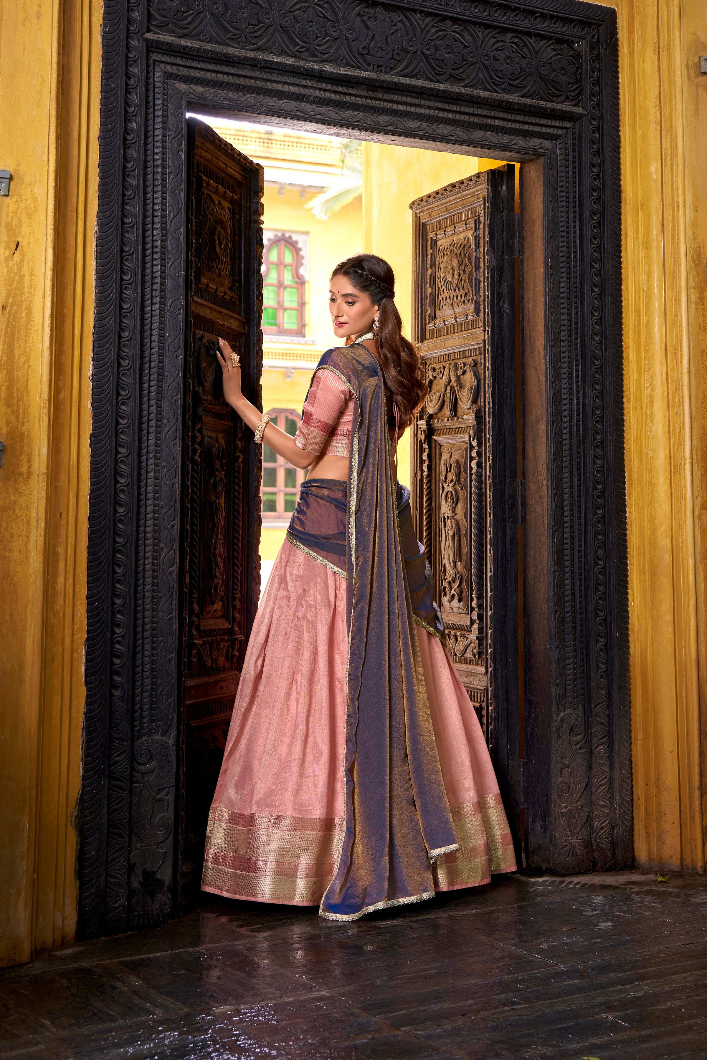 Evanik Traditional Pink Dupion Silk With Zari Weaving Work Fully Stitched Lehenga Choli