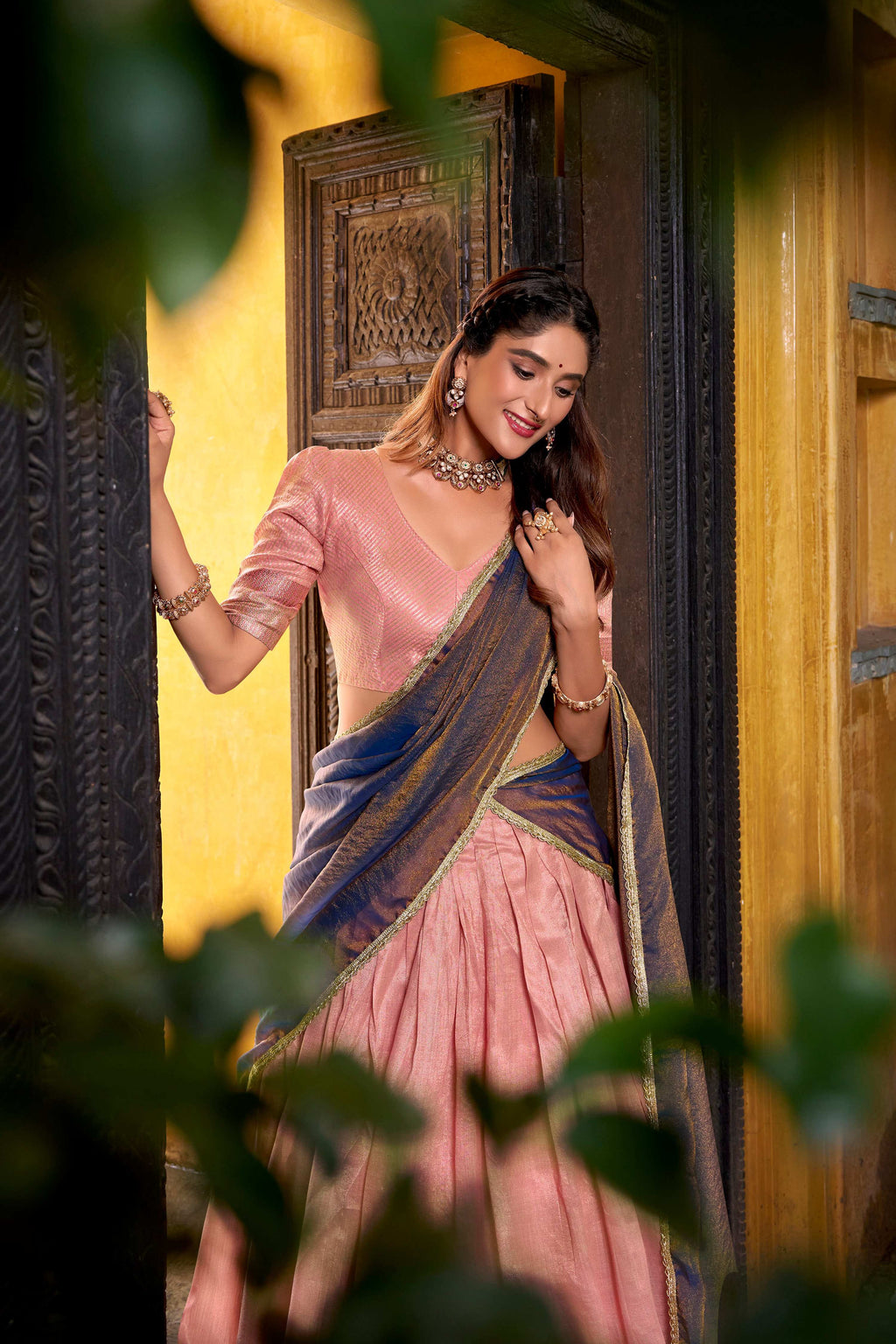 Evanik Traditional Pink Dupion Silk With Zari Weaving Work Fully Stitched Lehenga Choli