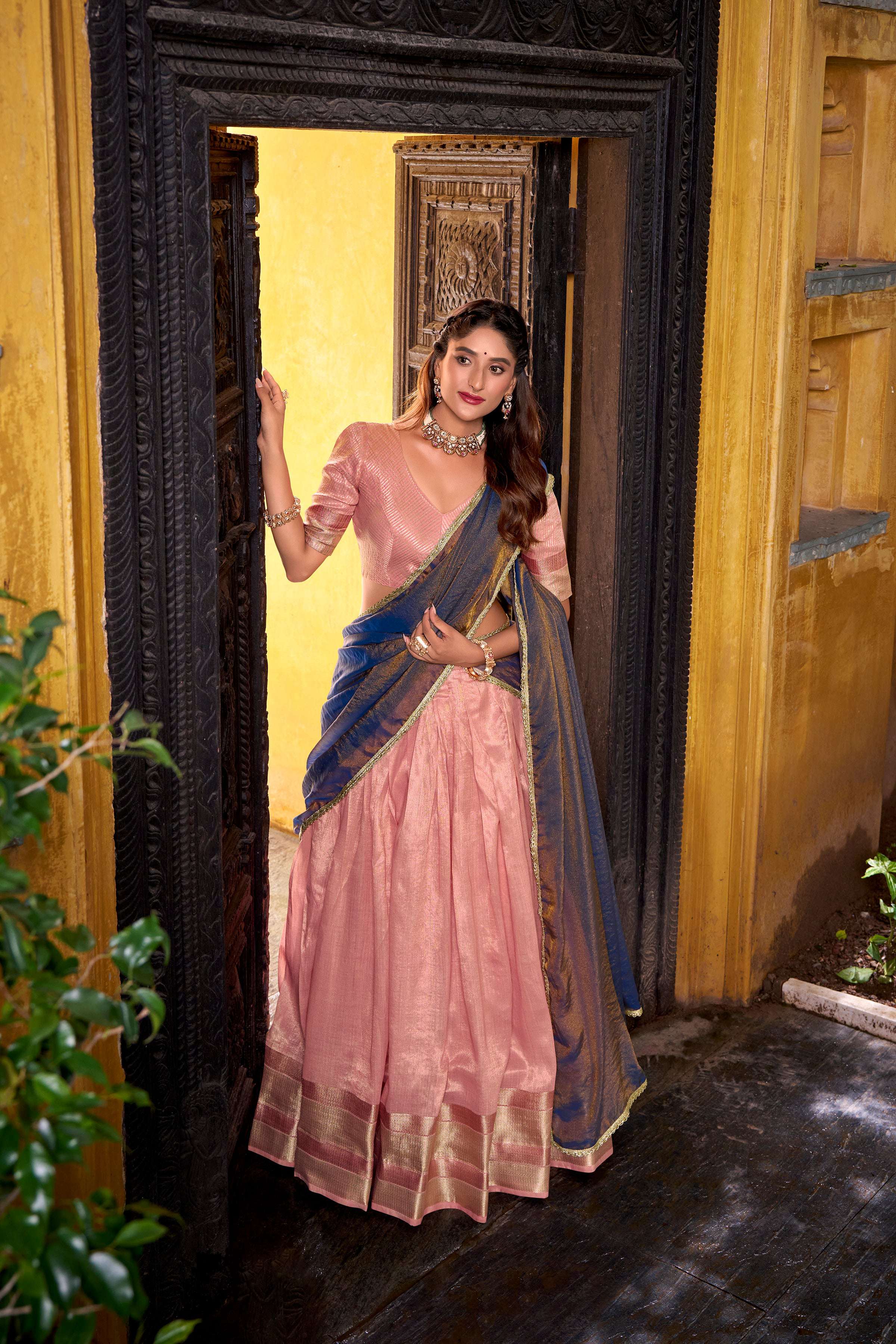Evanik Traditional Pink Dupion Silk With Zari Weaving Work Fully Stitched Lehenga Choli