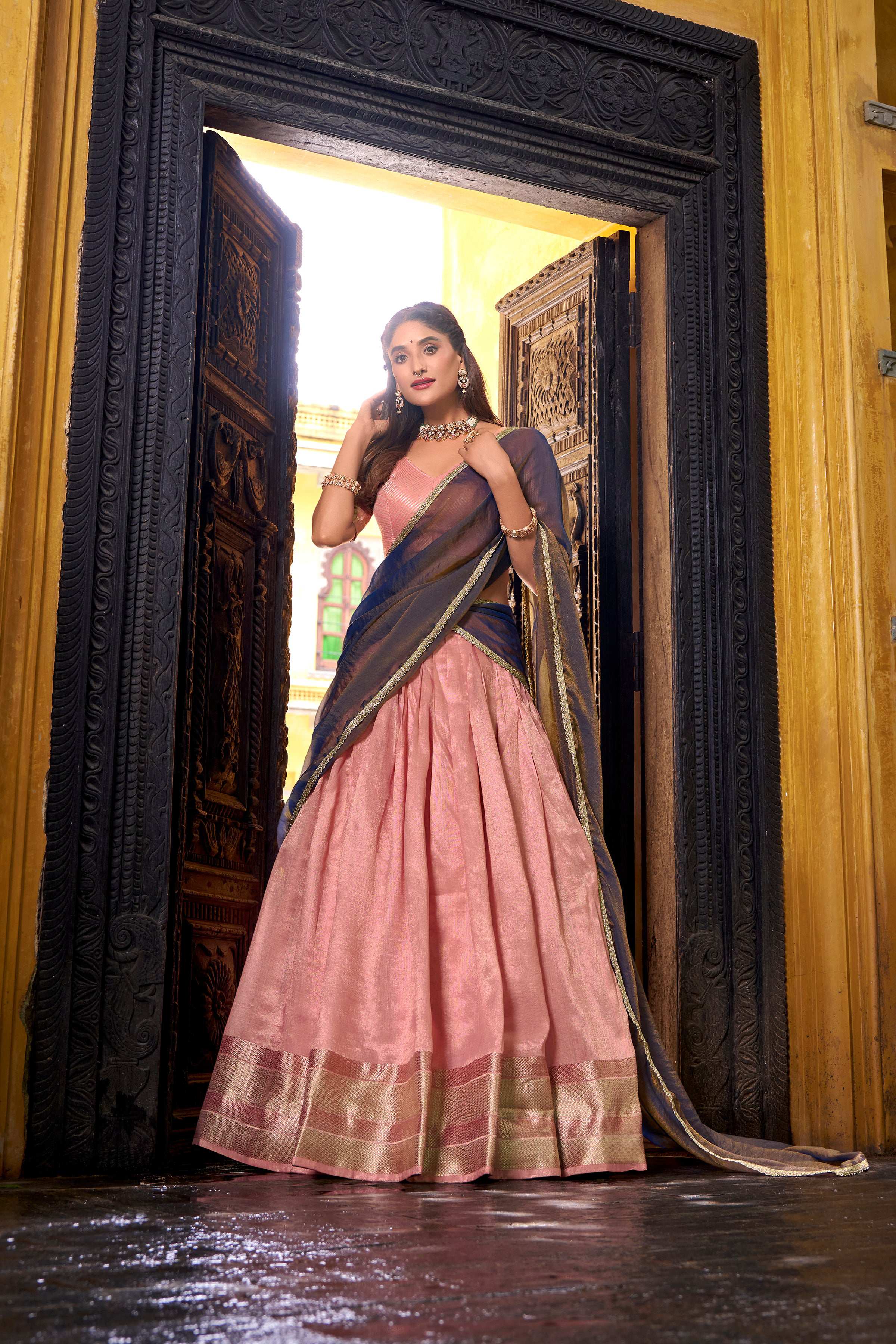 Evanik Traditional Pink Dupion Silk With Zari Weaving Work Fully Stitched Lehenga Choli