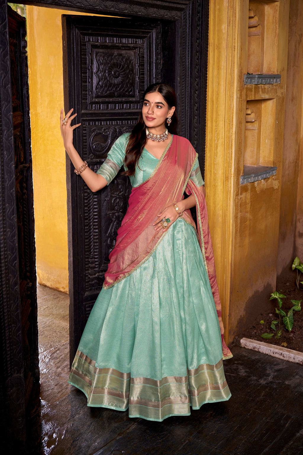 Evanik Traditional Sky Blue Dupion Silk With Zari Weaving Work Fully Stitched Lehenga Choli