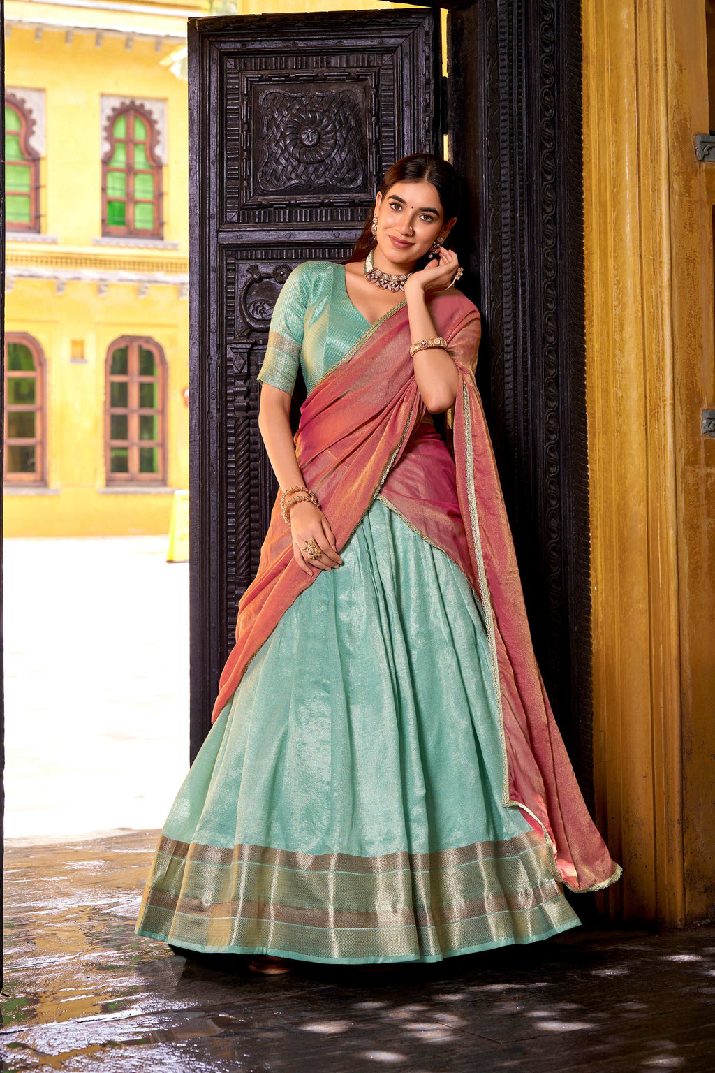 Evanik Traditional Sky Blue Dupion Silk With Zari Weaving Work Fully Stitched Lehenga Choli