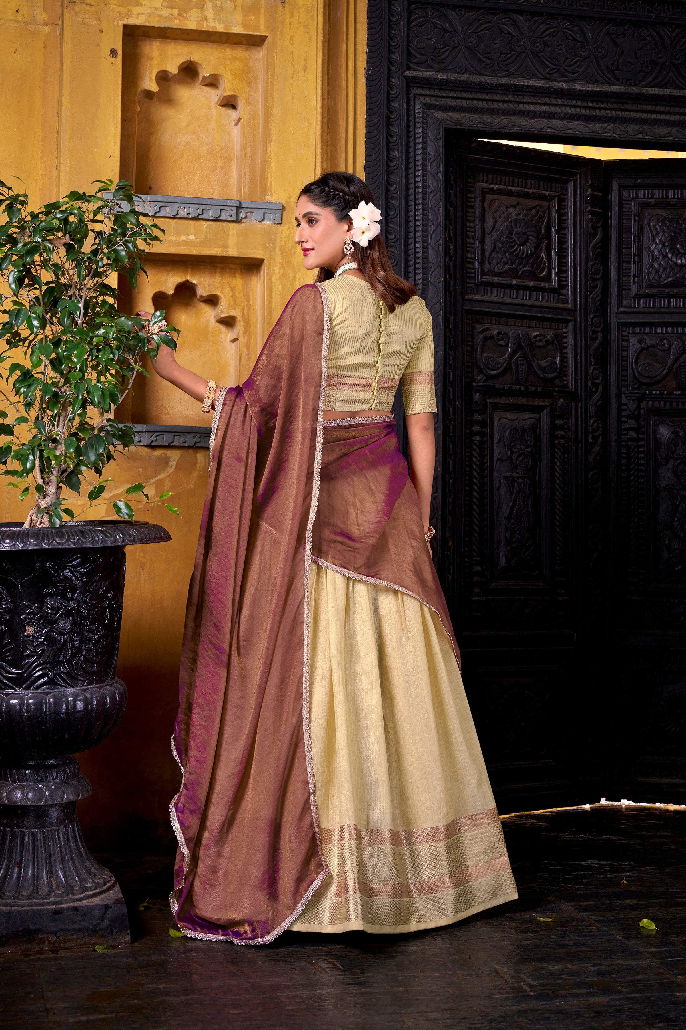 Evanik Traditional Yellow Dupion Silk With Zari Weaving Work Fully Stitched Lehenga Choli