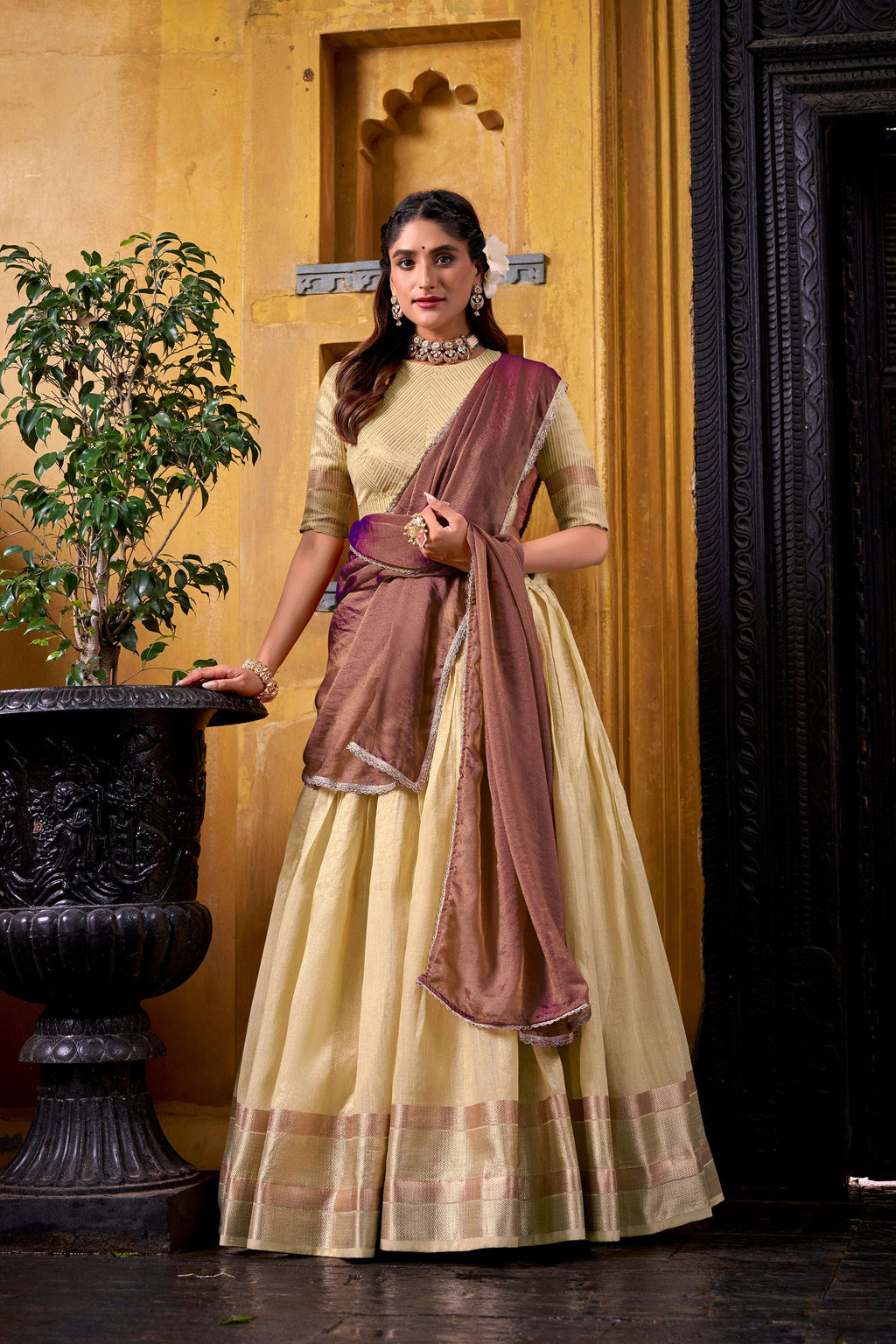 Evanik Traditional Yellow Dupion Silk With Zari Weaving Work Fully Stitched Lehenga Choli