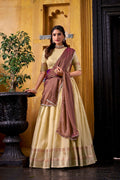 Evanik Traditional Yellow Dupion Silk With Zari Weaving Work Fully Stitched Lehenga Choli