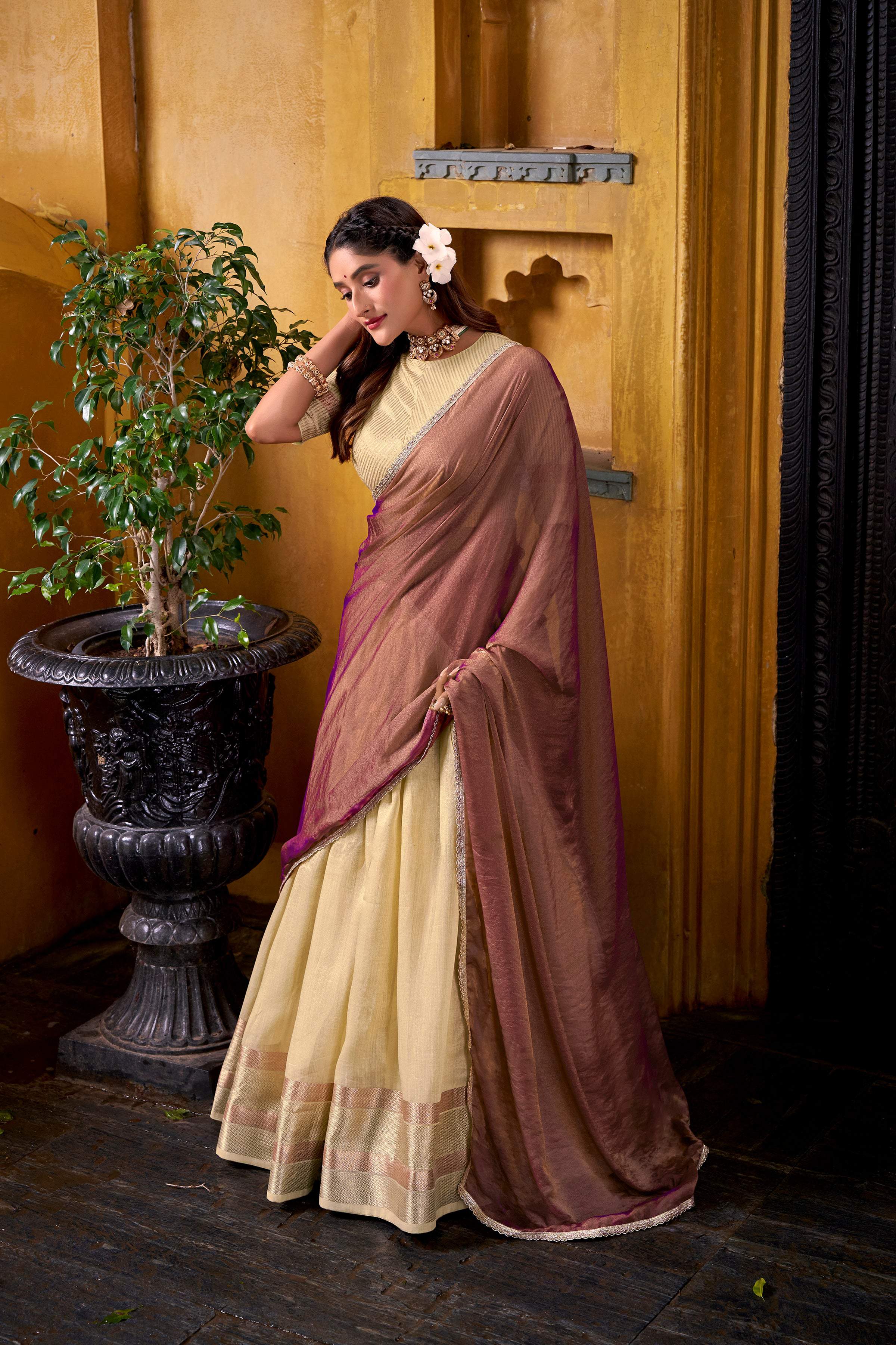 Evanik Traditional Yellow Dupion Silk With Zari Weaving Work Fully Stitched Lehenga Choli