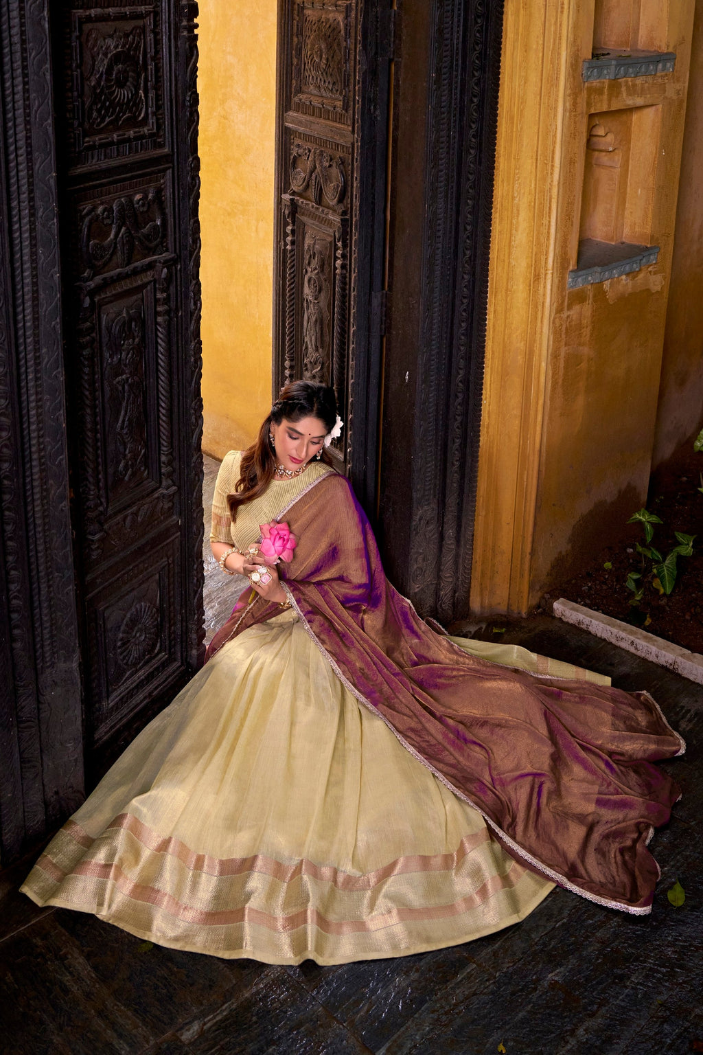 Lorenvalley Fashion Yellow Dupion Silk Zari Weaving Work Lehenga Choli with Dupatta
