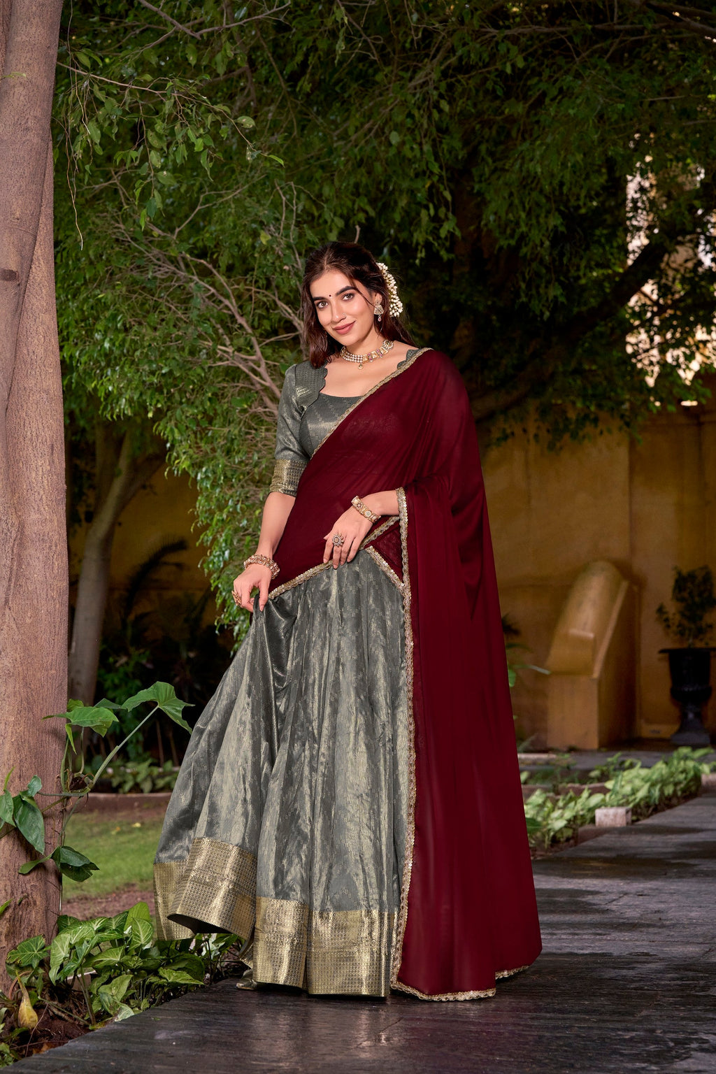 Lorenvalley Fashion Grey Dupion Silk Zari Weaving Work Lehenga Choli with Dupatta