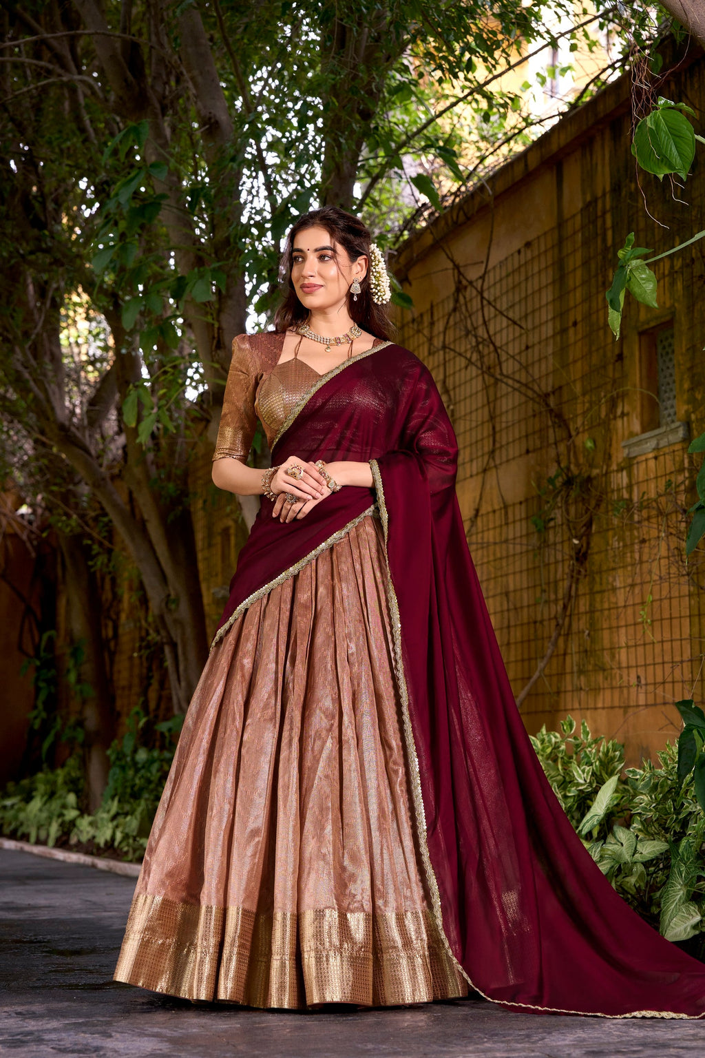 Lorenvalley Fashion Peach Dupion Silk Zari Weaving Work Lehenga Choli with Dupatta