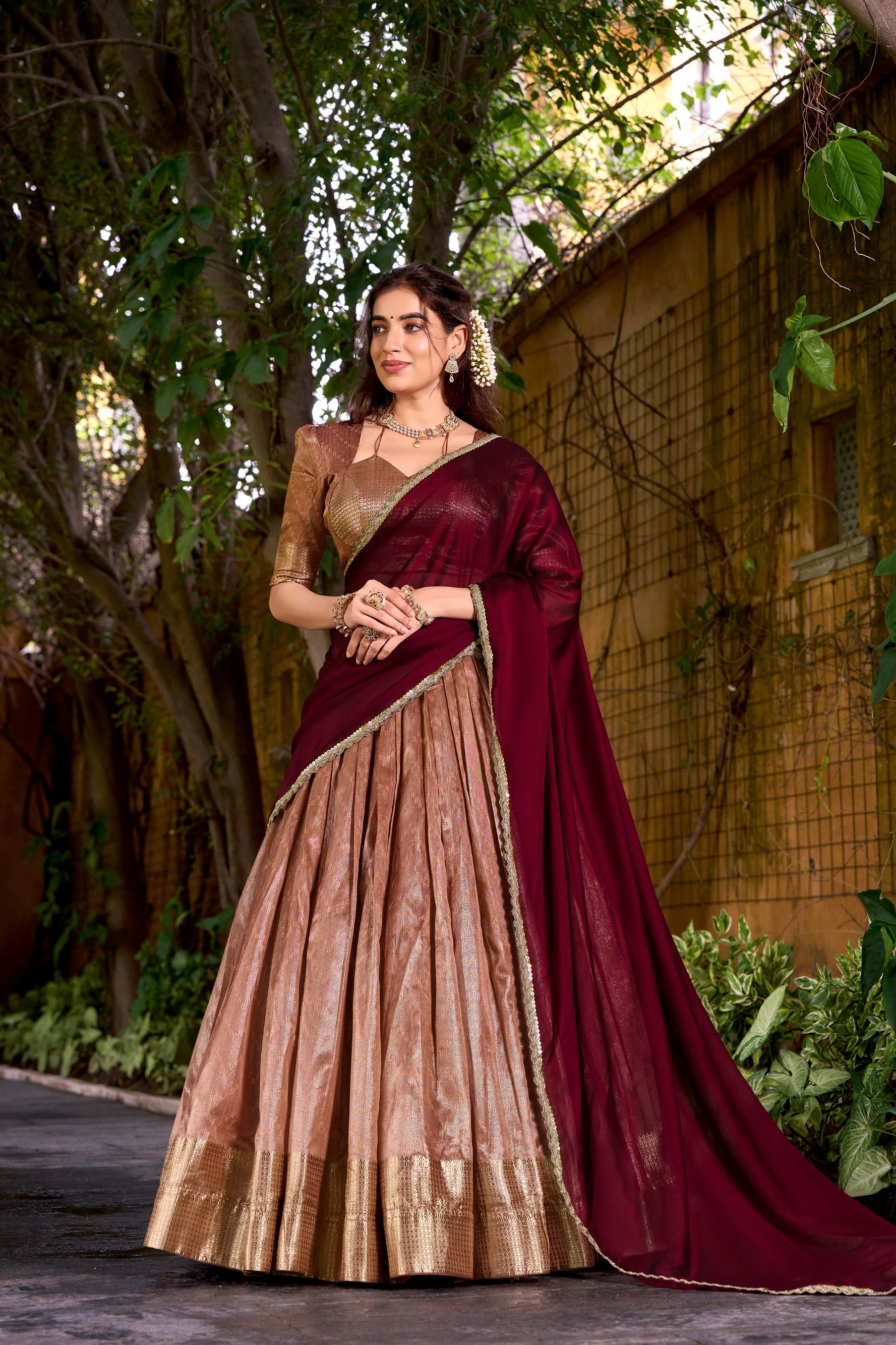 Lorenvalley Fashion Peach Dupion Silk Zari Weaving Work Lehenga Choli with Dupatta