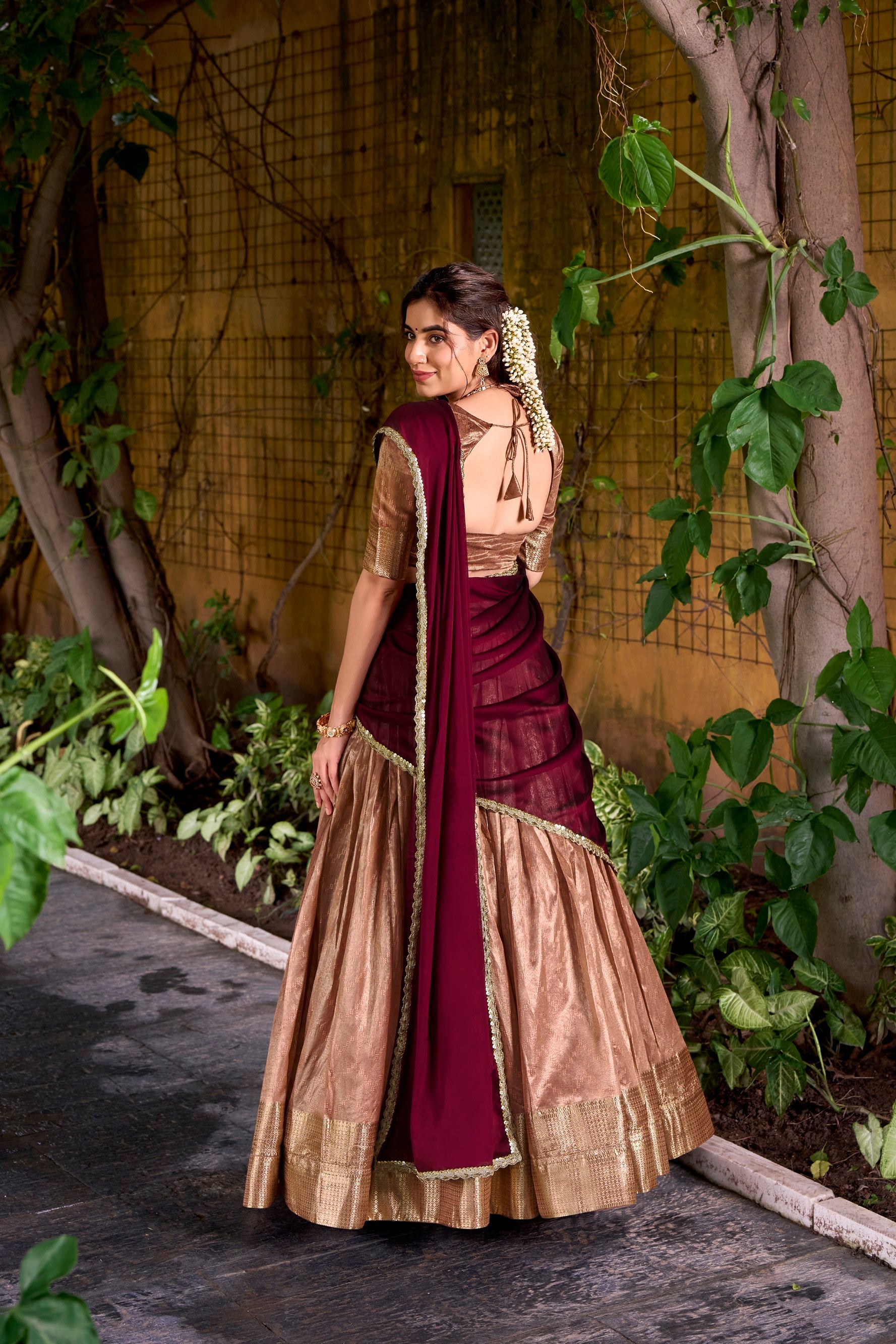 Lorenvalley Fashion Peach Dupion Silk Zari Weaving Work Lehenga Choli with Dupatta