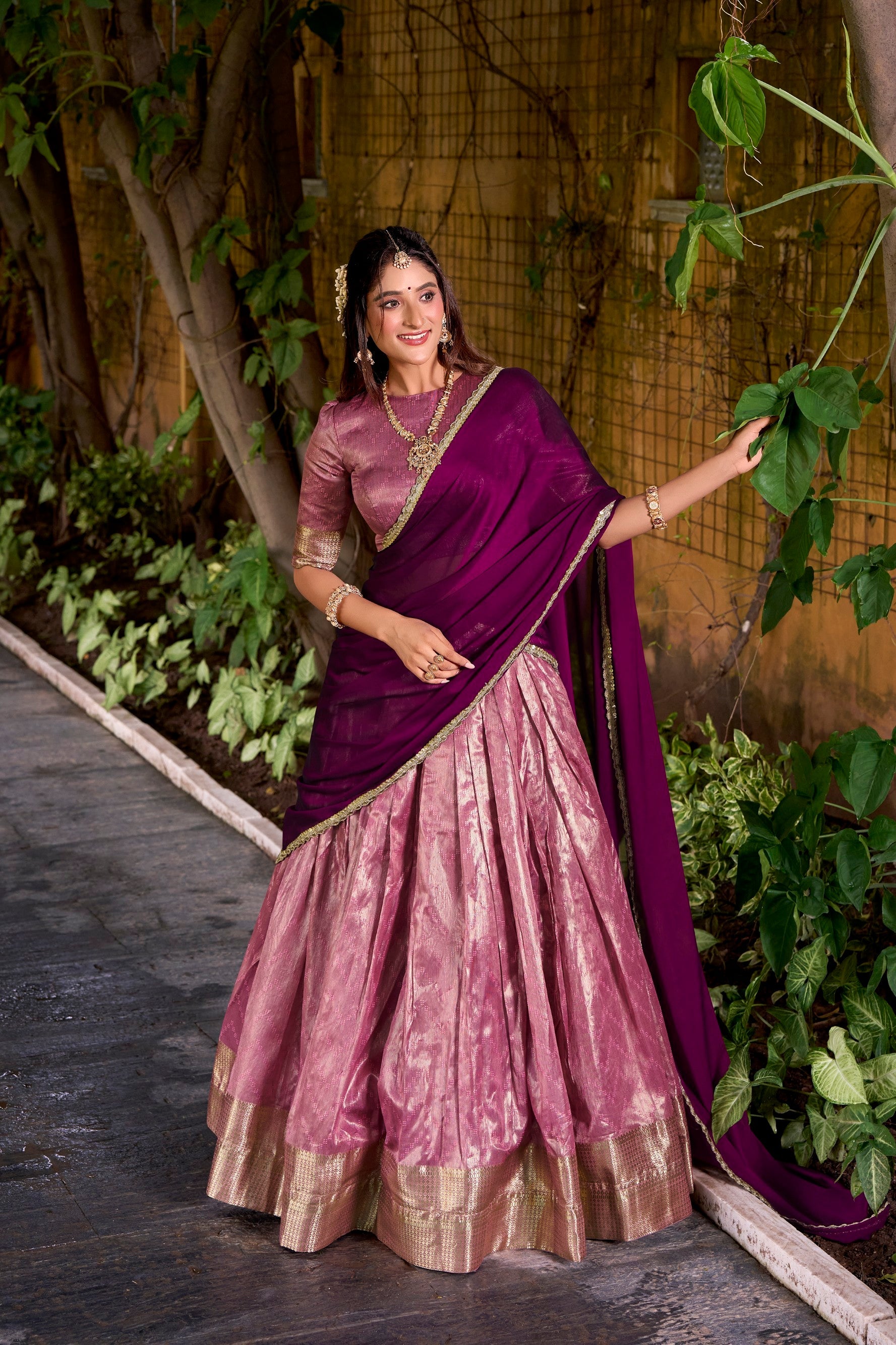 Lorenvalley Fashion Pink Dupion Silk Zari Weaving Work Lehenga Choli with Dupatta