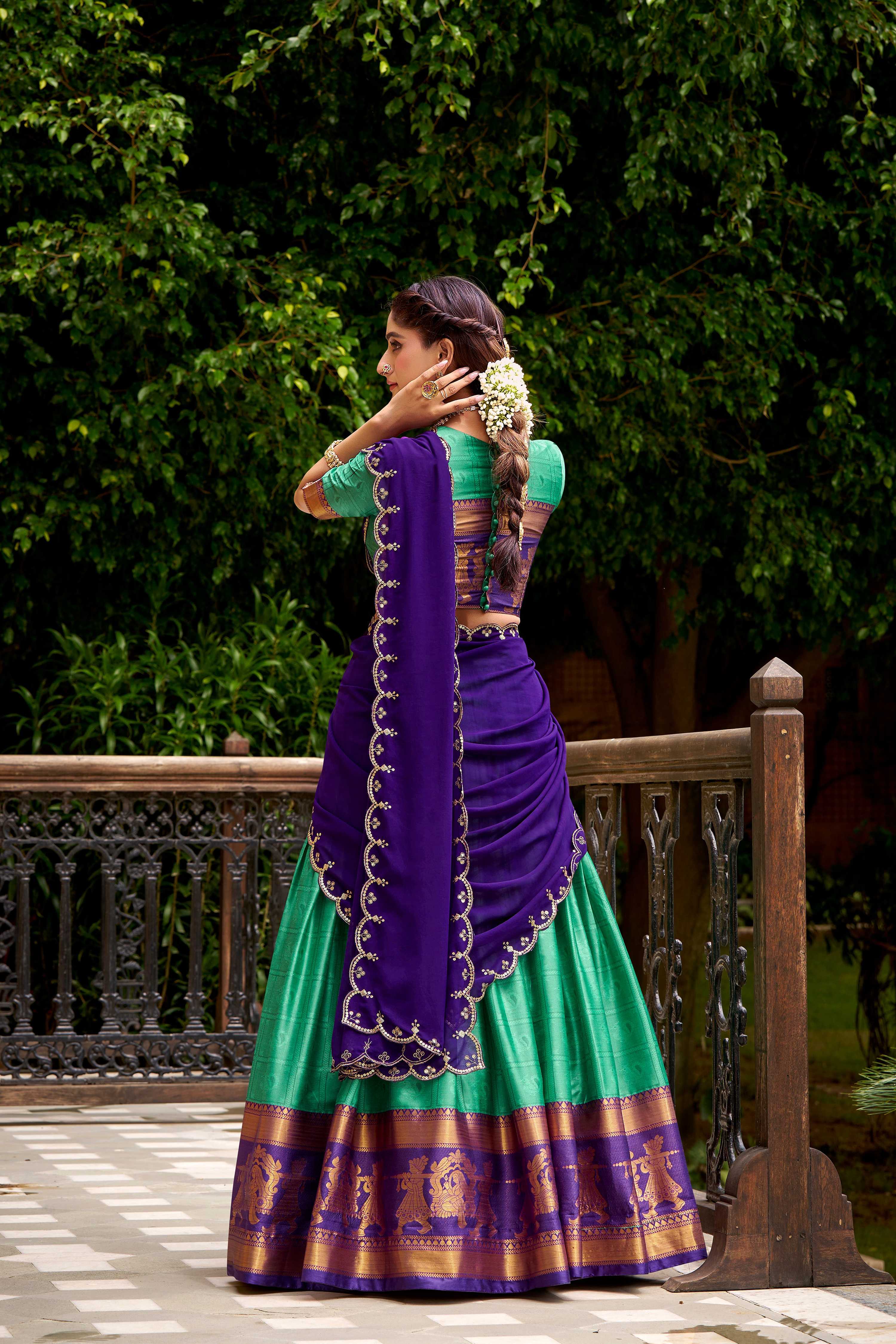 Evanik Traditional Bottle Green Poly Cotton Half Saree With Zari Weaving Work Lehenga Choli