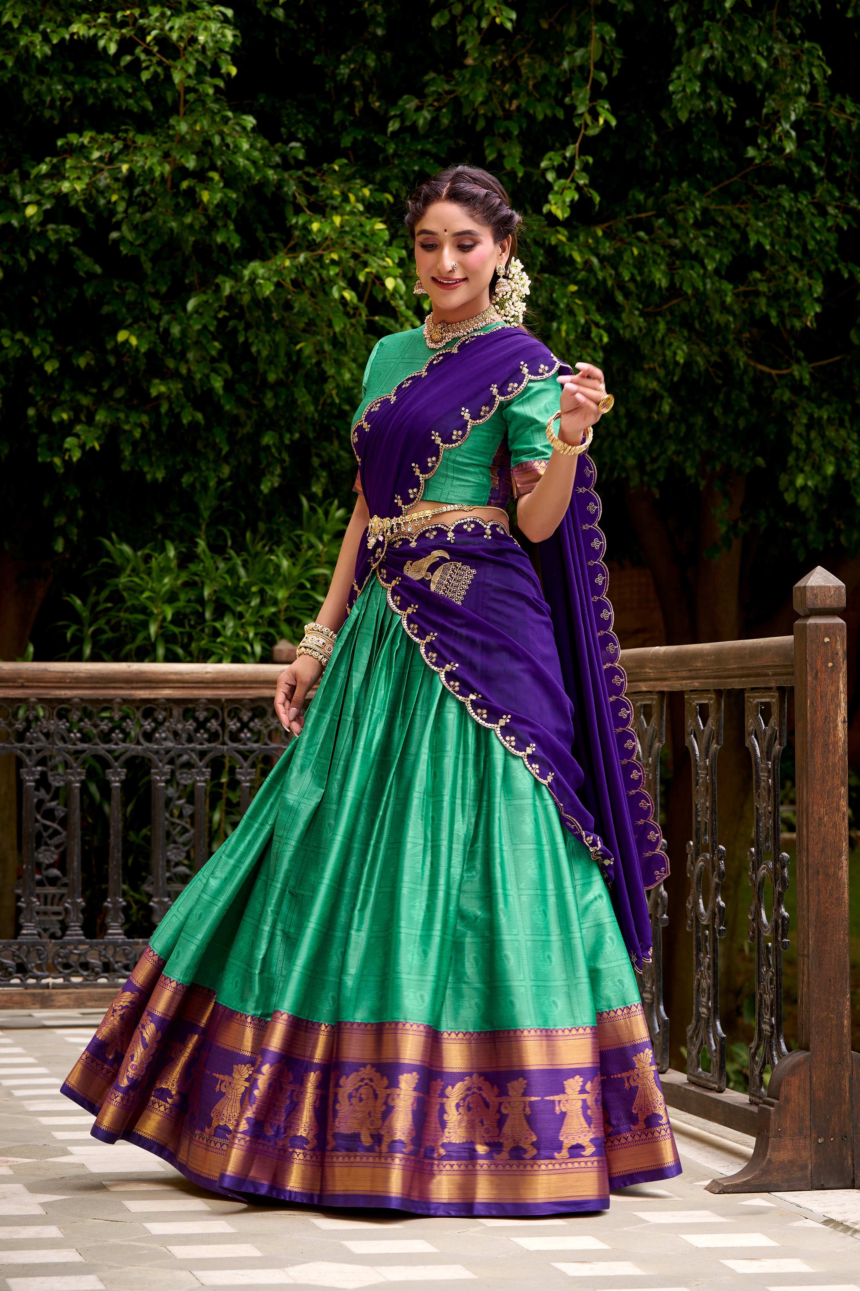Evanik Traditional Bottle Green Poly Cotton Half Saree With Zari Weaving Work Lehenga Choli