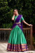 Lorenvalley Fashion Green Poly Cotton Zari Weaving Work Lehenga Choli with Dupatta