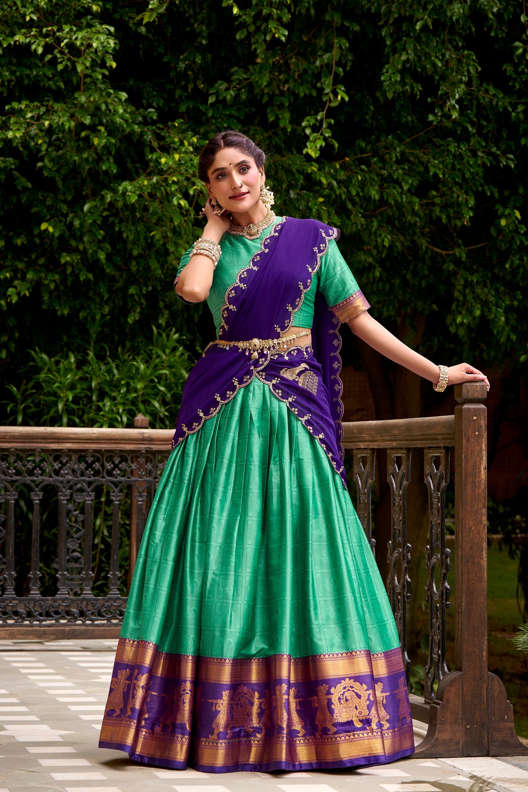 Lorenvalley Fashion Green Poly Cotton Zari Weaving Work Lehenga Choli with Dupatta