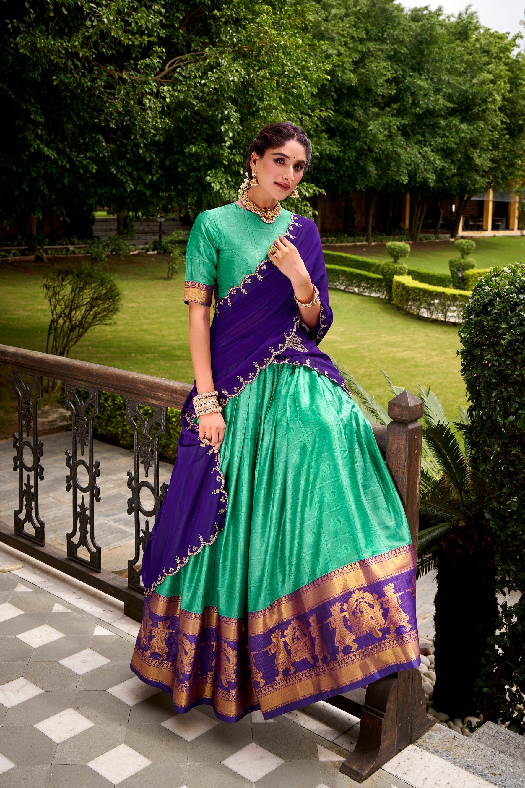 Lorenvalley Fashion Green Poly Cotton Zari Weaving Work Lehenga Choli with Dupatta