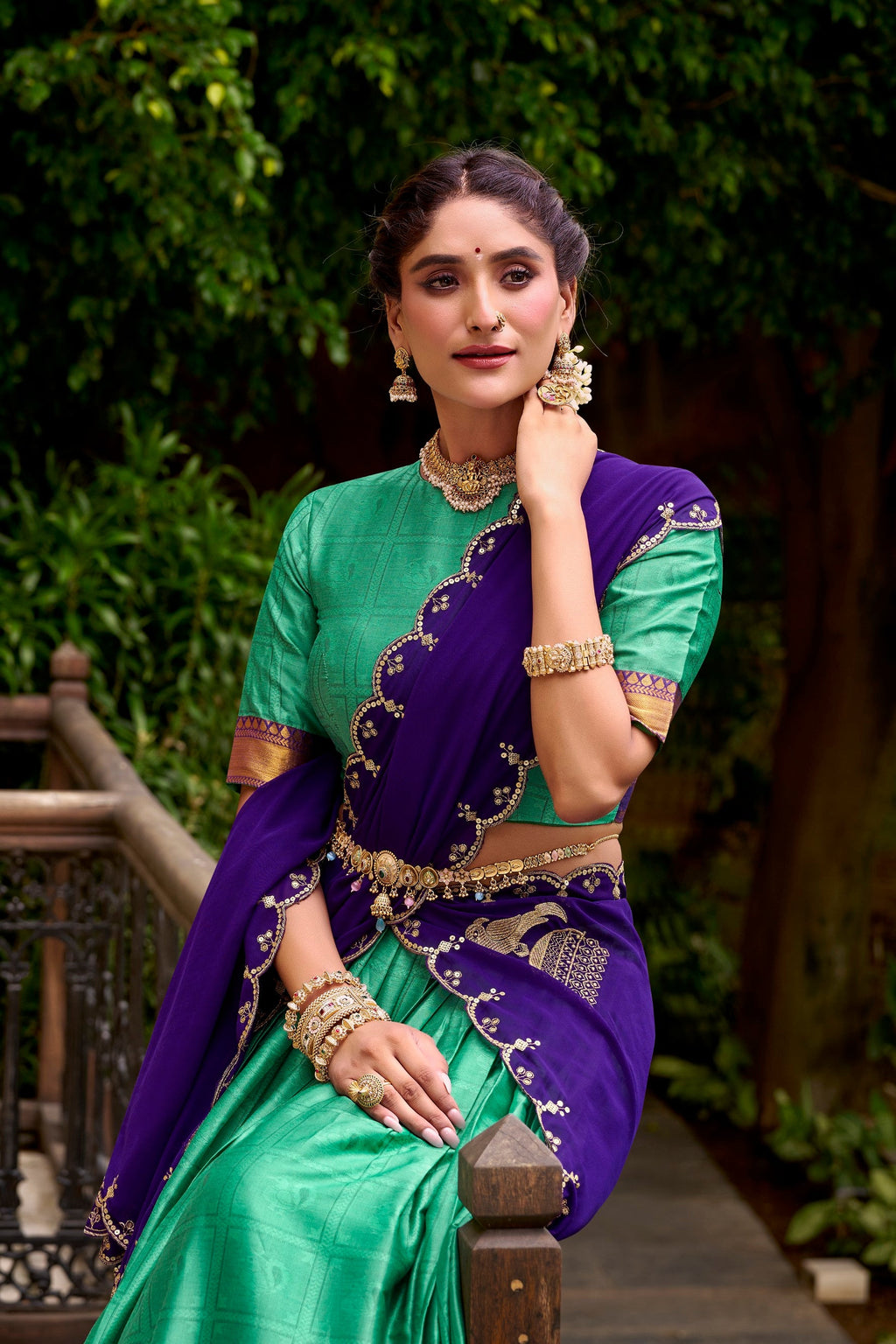 Lorenvalley Fashion Green Poly Cotton Zari Weaving Work Lehenga Choli with Dupatta