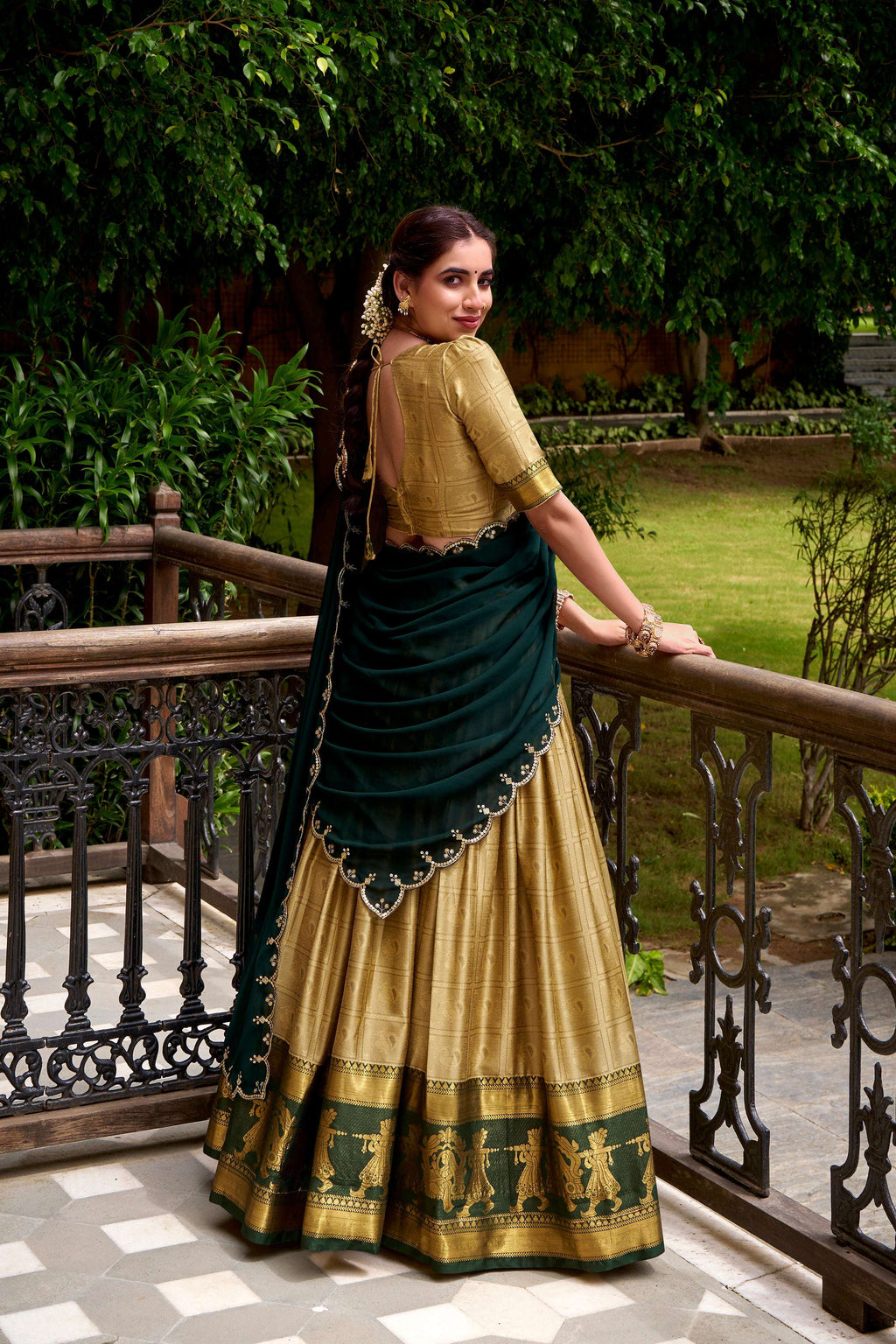 Evanik Traditional Cream Poly Cotton Half Saree With Zari Weaving Work Lehenga Choli