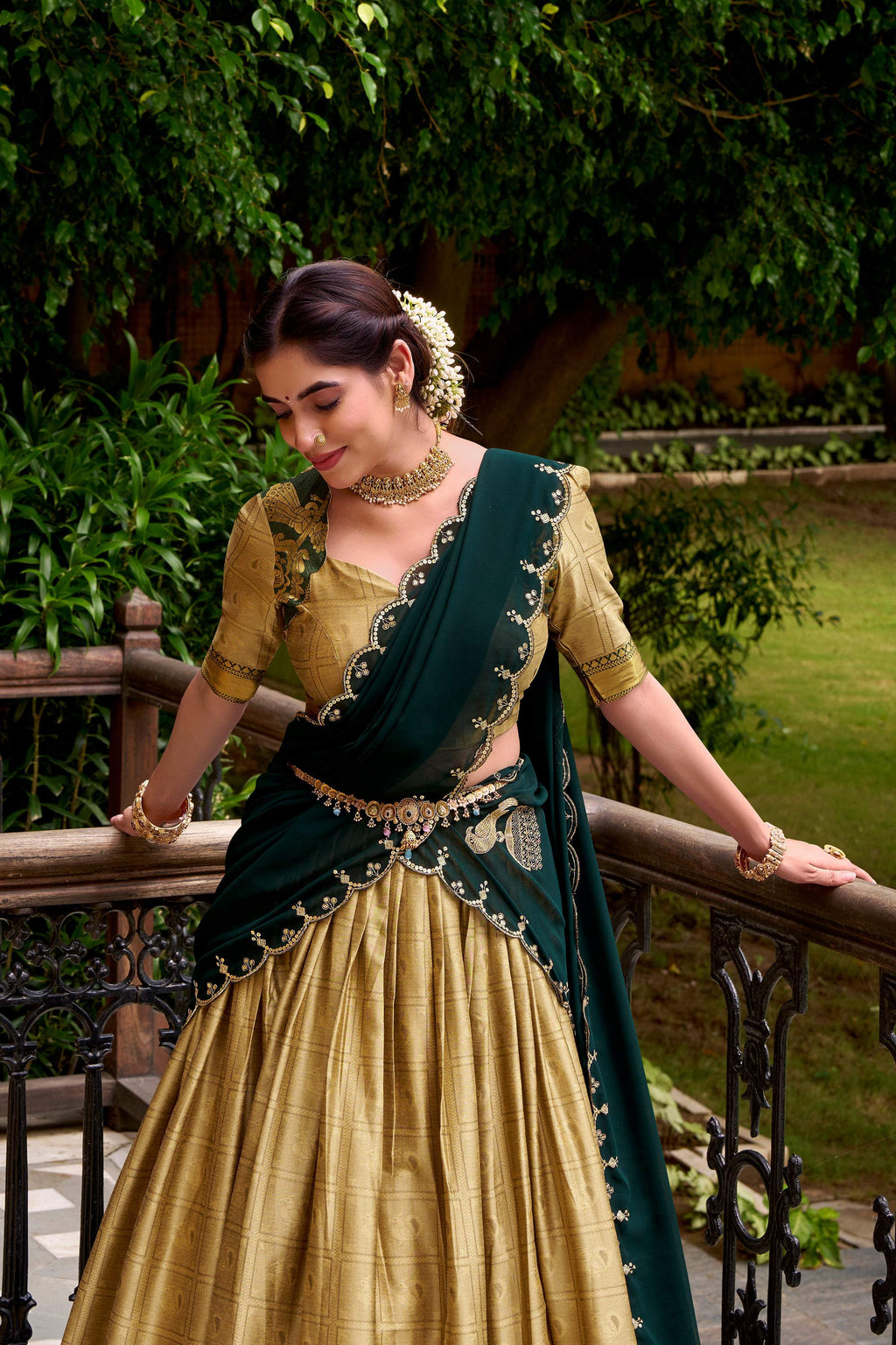 Evanik Traditional Cream Poly Cotton Half Saree With Zari Weaving Work Lehenga Choli
