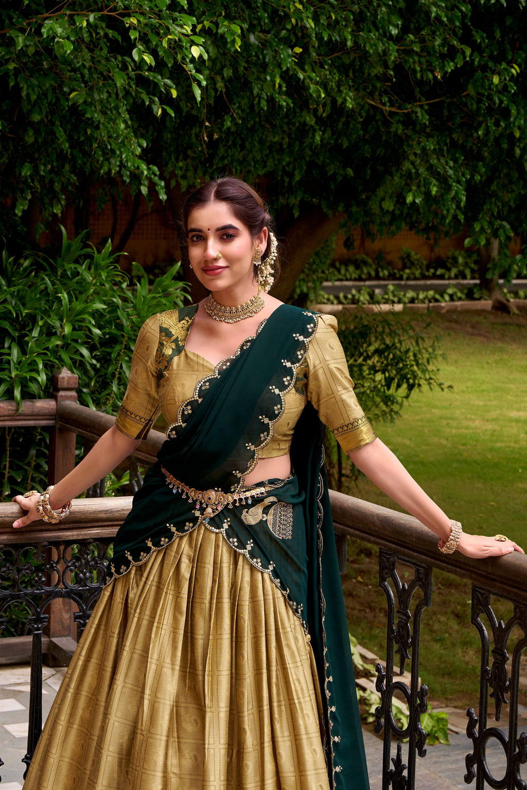 Evanik Traditional Cream Poly Cotton Half Saree With Zari Weaving Work Lehenga Choli