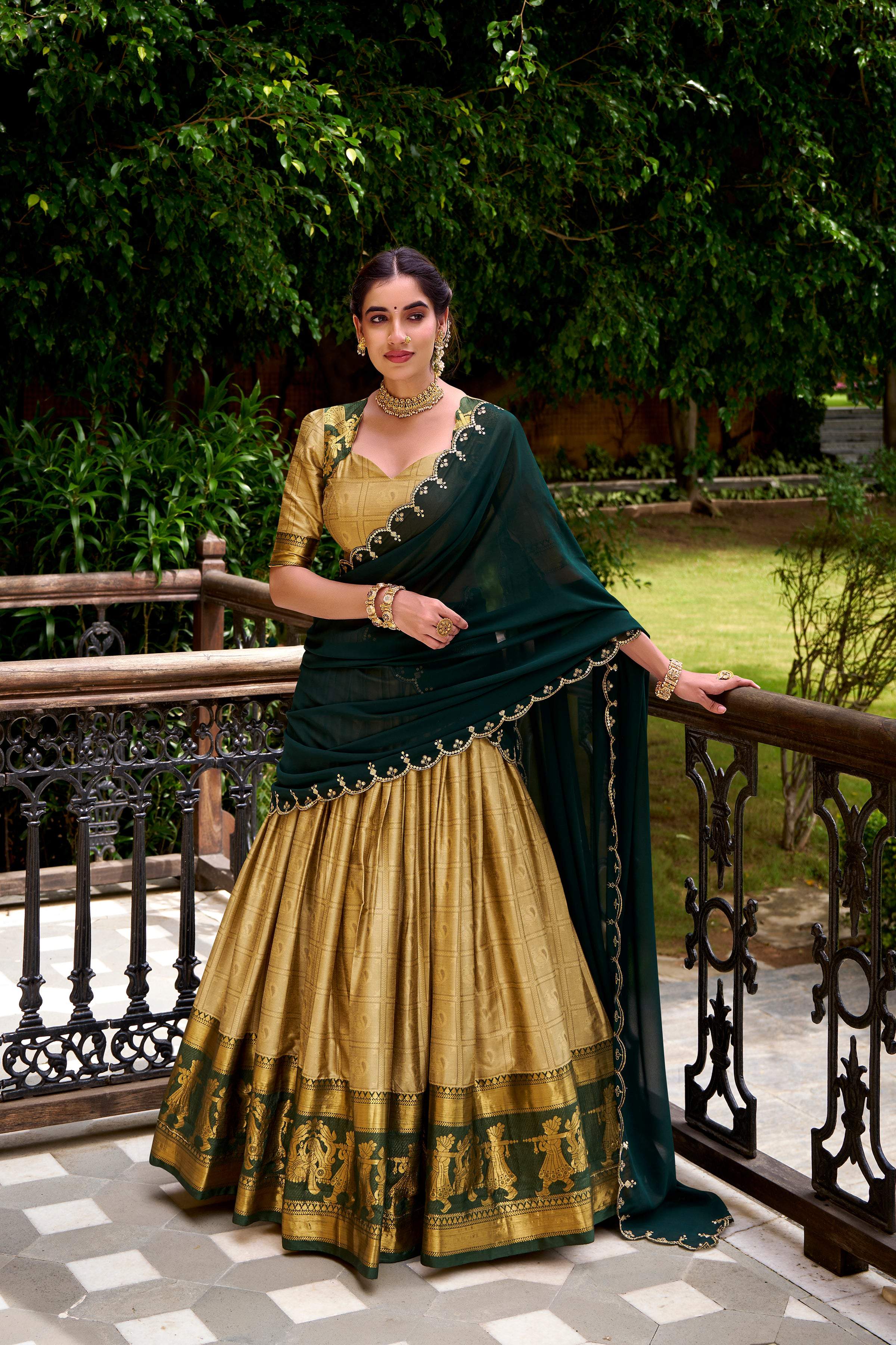Evanik Traditional Cream Poly Cotton Half Saree With Zari Weaving Work Lehenga Choli
