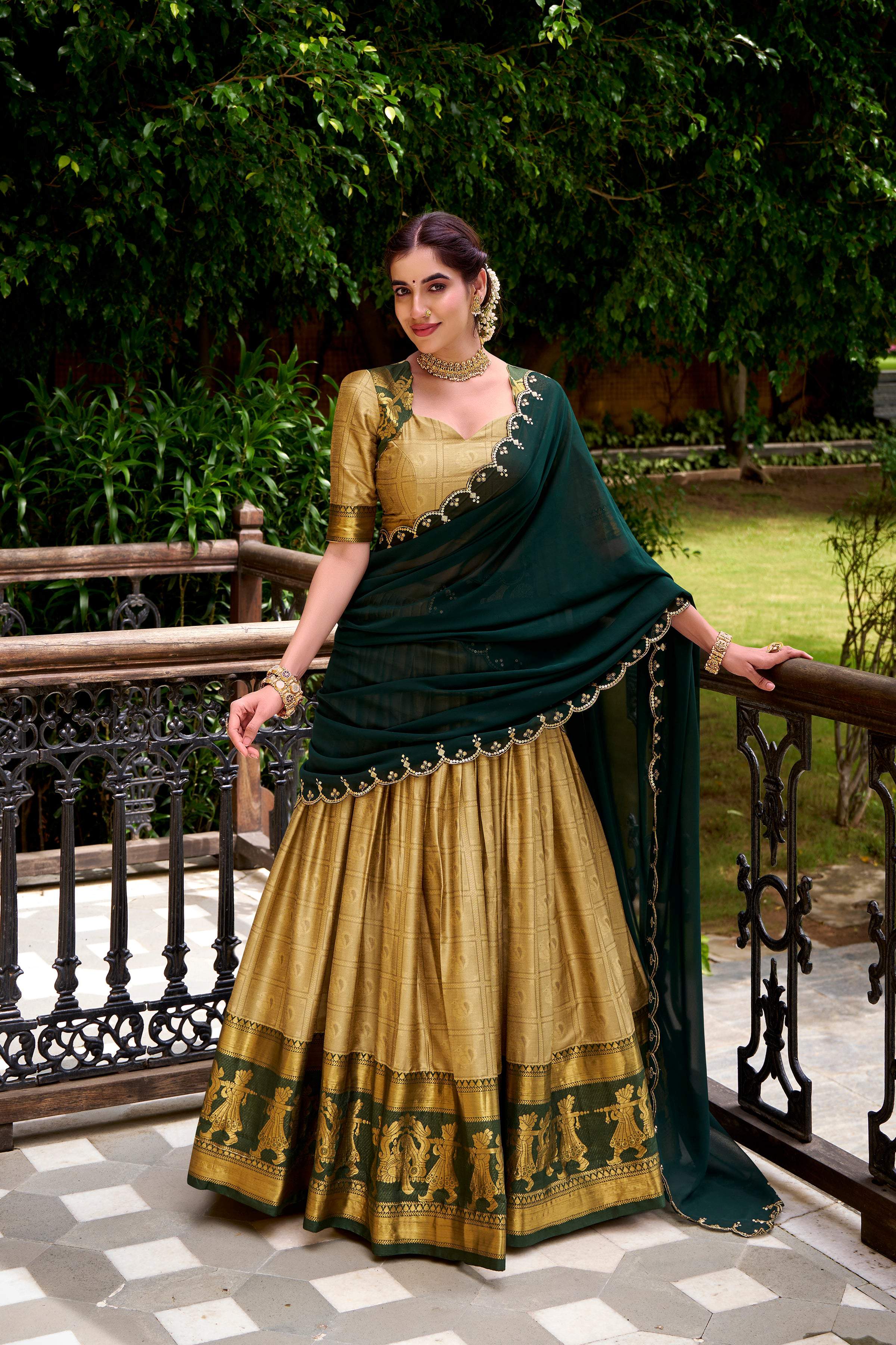 Evanik Traditional Cream Poly Cotton Half Saree With Zari Weaving Work Lehenga Choli