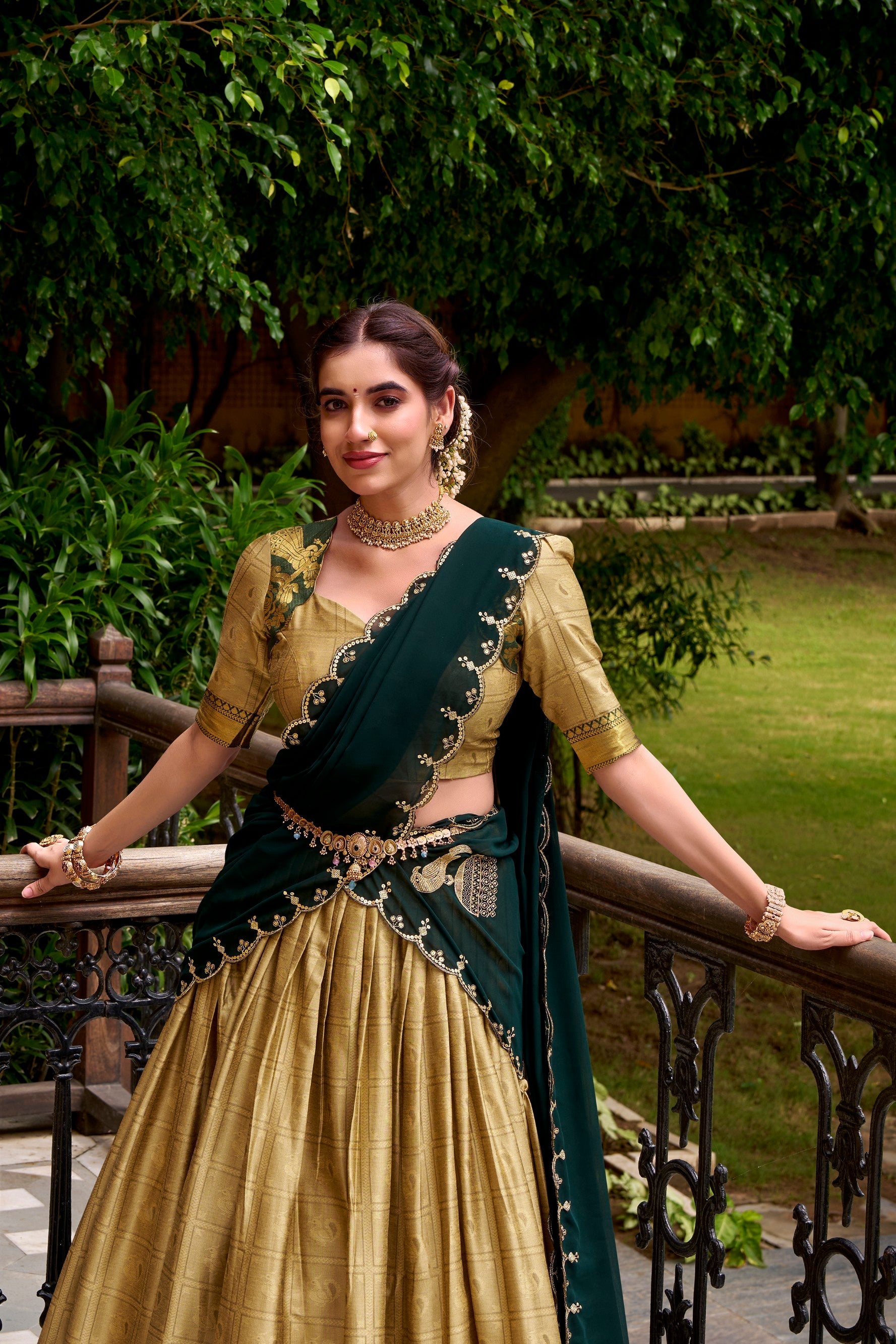 Lorenvalley Fashion Cream Poly Cotton Zari Weaving Work Lehenga Choli with Dupatta