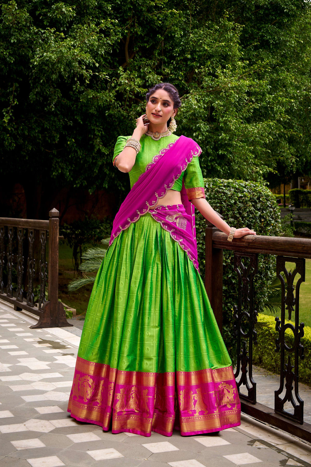 Evanik Traditional Parrot Poly Cotton Half Saree With Zari Weaving Work Lehenga Choli