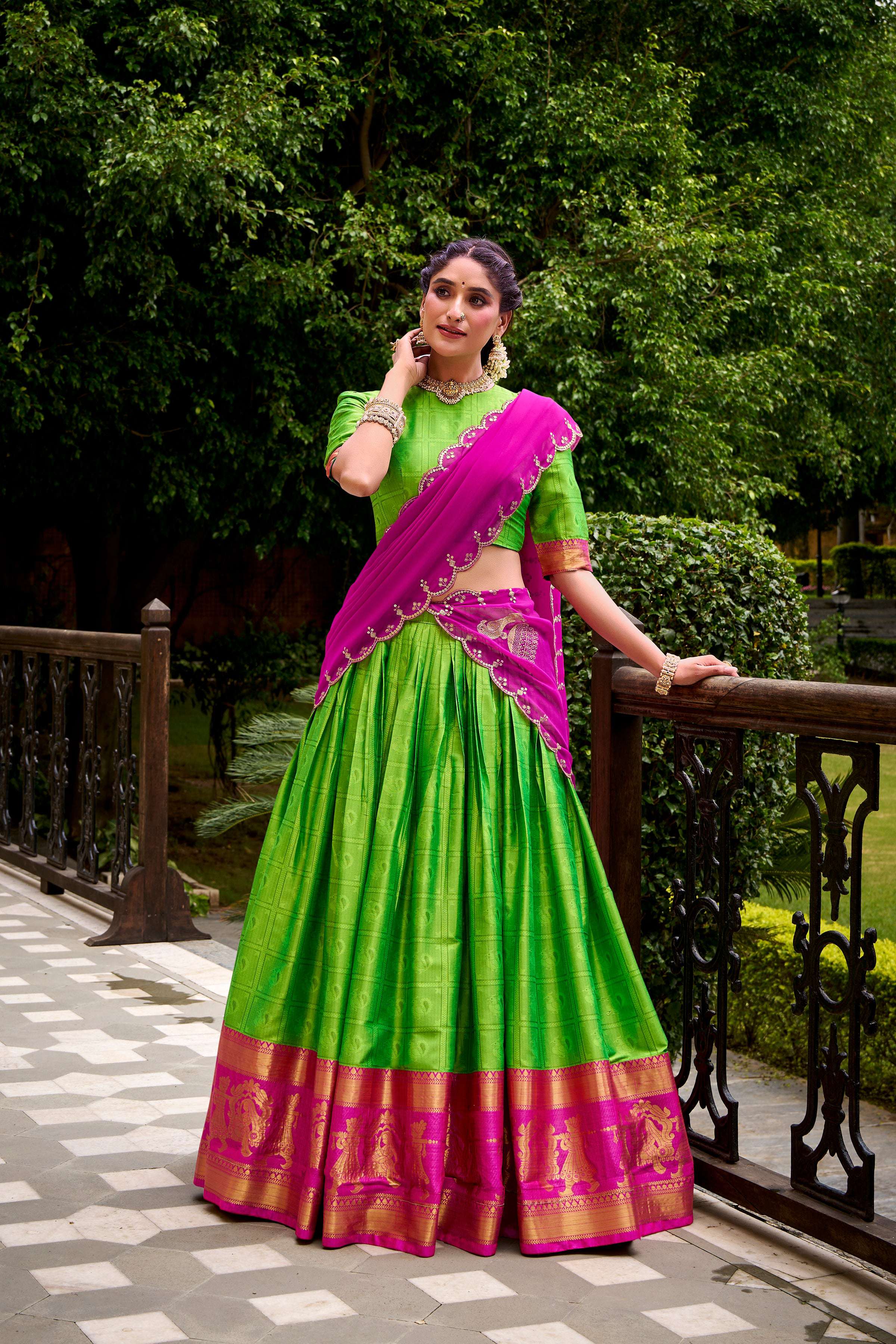Evanik Traditional Parrot Poly Cotton Half Saree With Zari Weaving Work Lehenga Choli