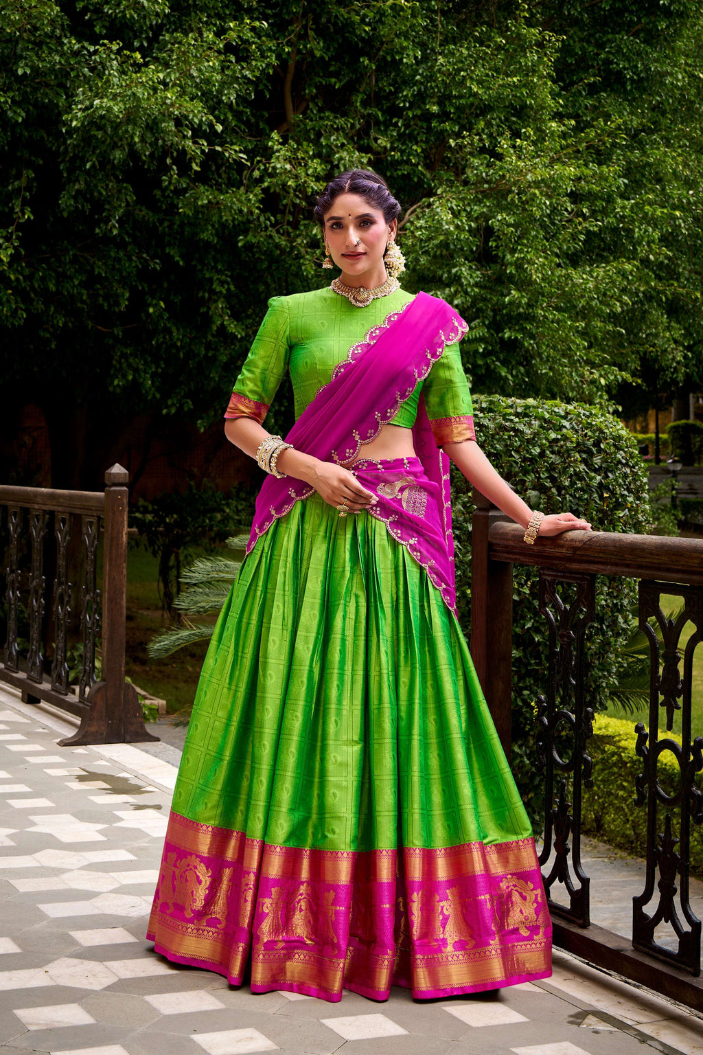 Evanik Traditional Parrot Poly Cotton Half Saree With Zari Weaving Work Lehenga Choli