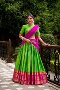Evanik Traditional Parrot Poly Cotton Half Saree With Zari Weaving Work Lehenga Choli