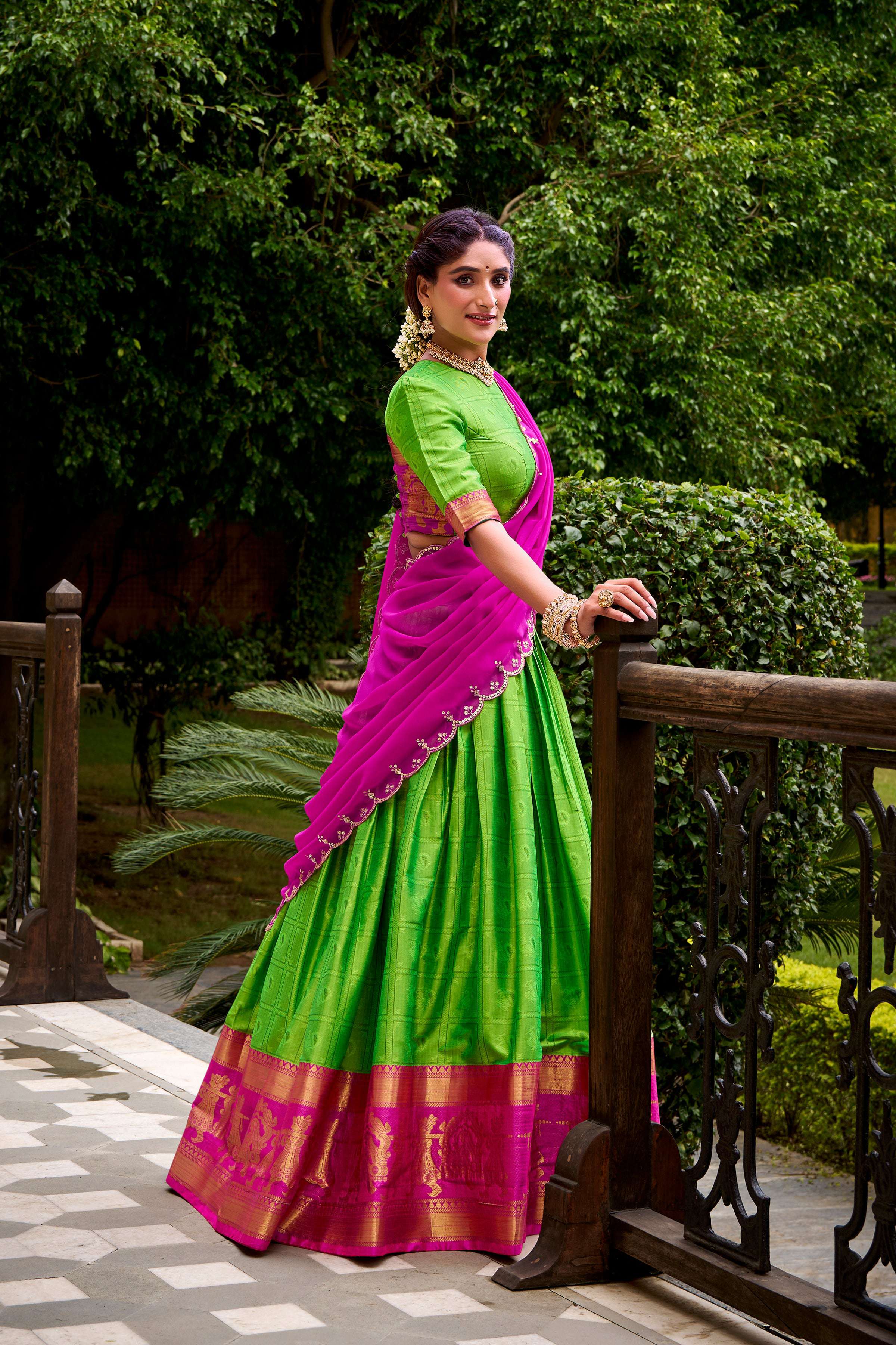 Evanik Traditional Parrot Poly Cotton Half Saree With Zari Weaving Work Lehenga Choli