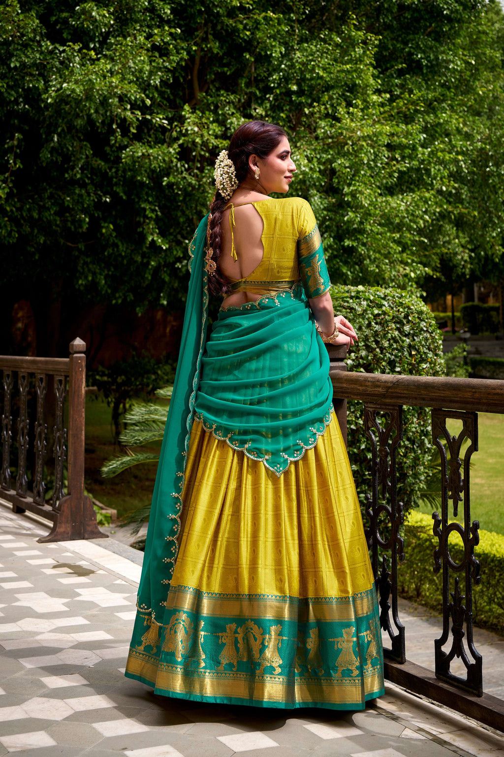 Evanik Traditional Yellow Poly Cotton Half Saree With Zari Weaving Work Lehenga Choli
