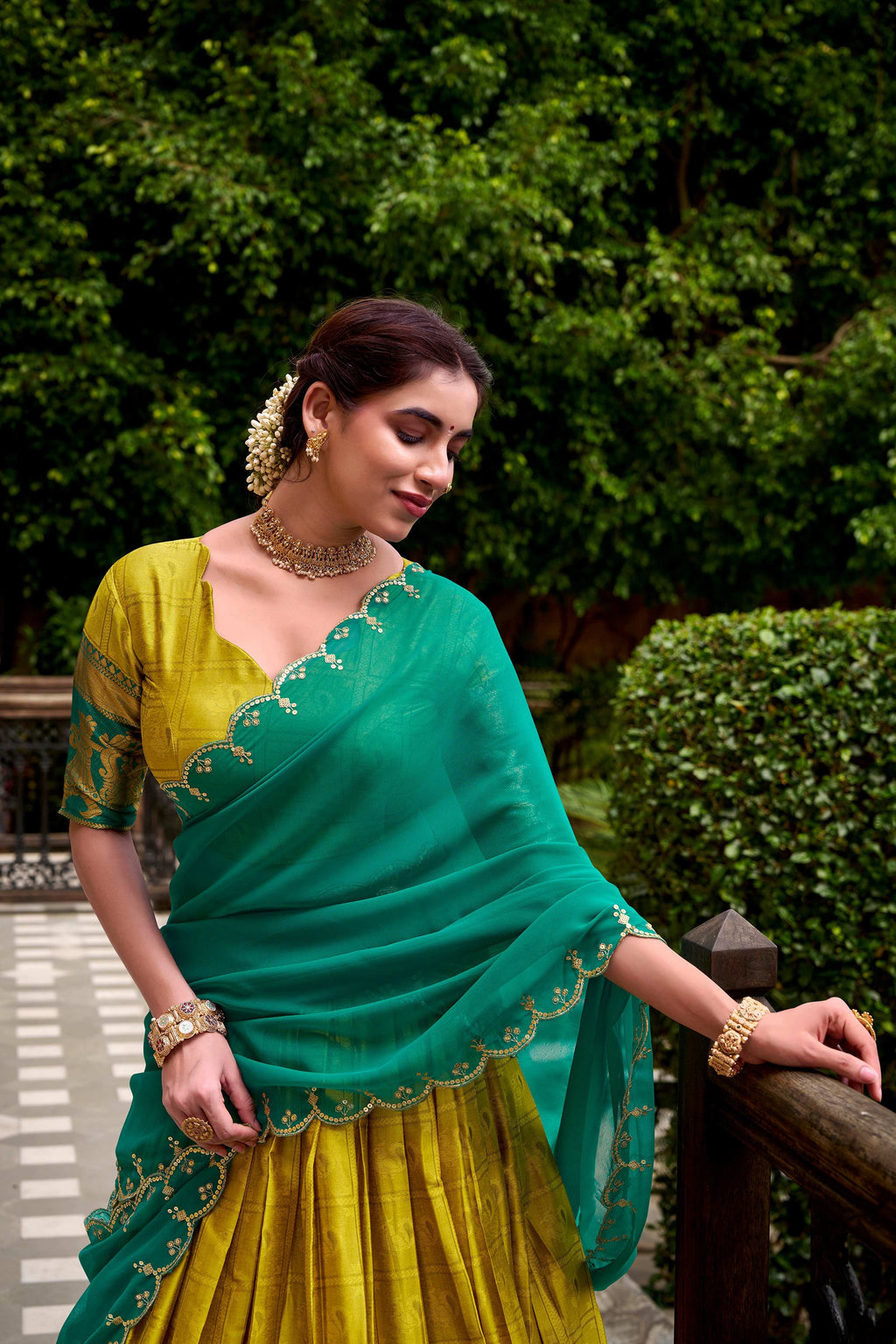 Evanik Traditional Yellow Poly Cotton Half Saree With Zari Weaving Work Lehenga Choli