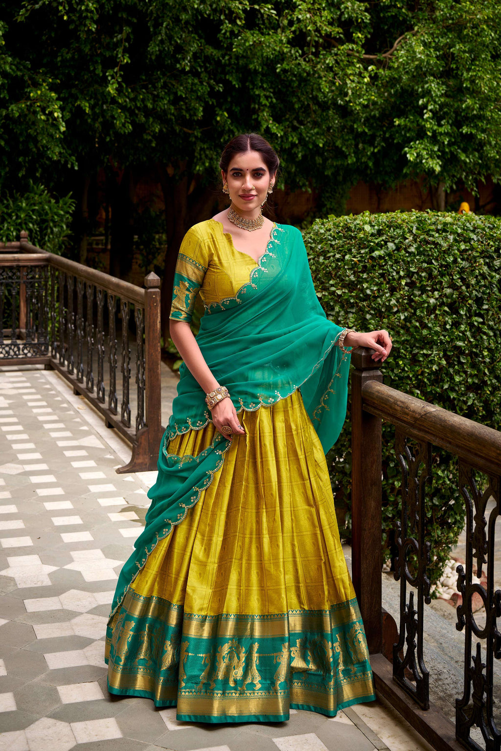 Evanik Traditional Yellow Poly Cotton Half Saree With Zari Weaving Work Lehenga Choli