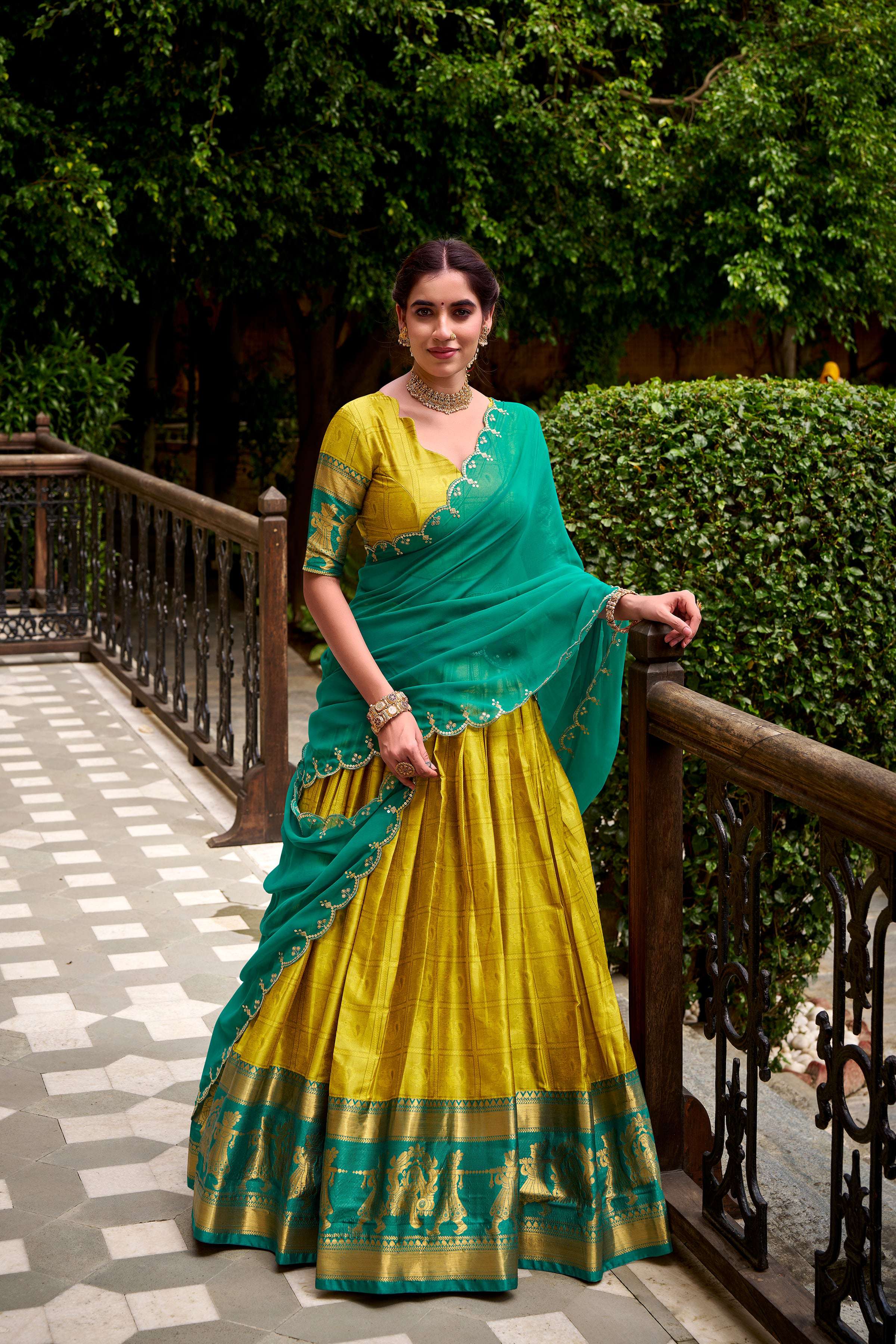 Evanik Traditional Yellow Poly Cotton Half Saree With Zari Weaving Work Lehenga Choli