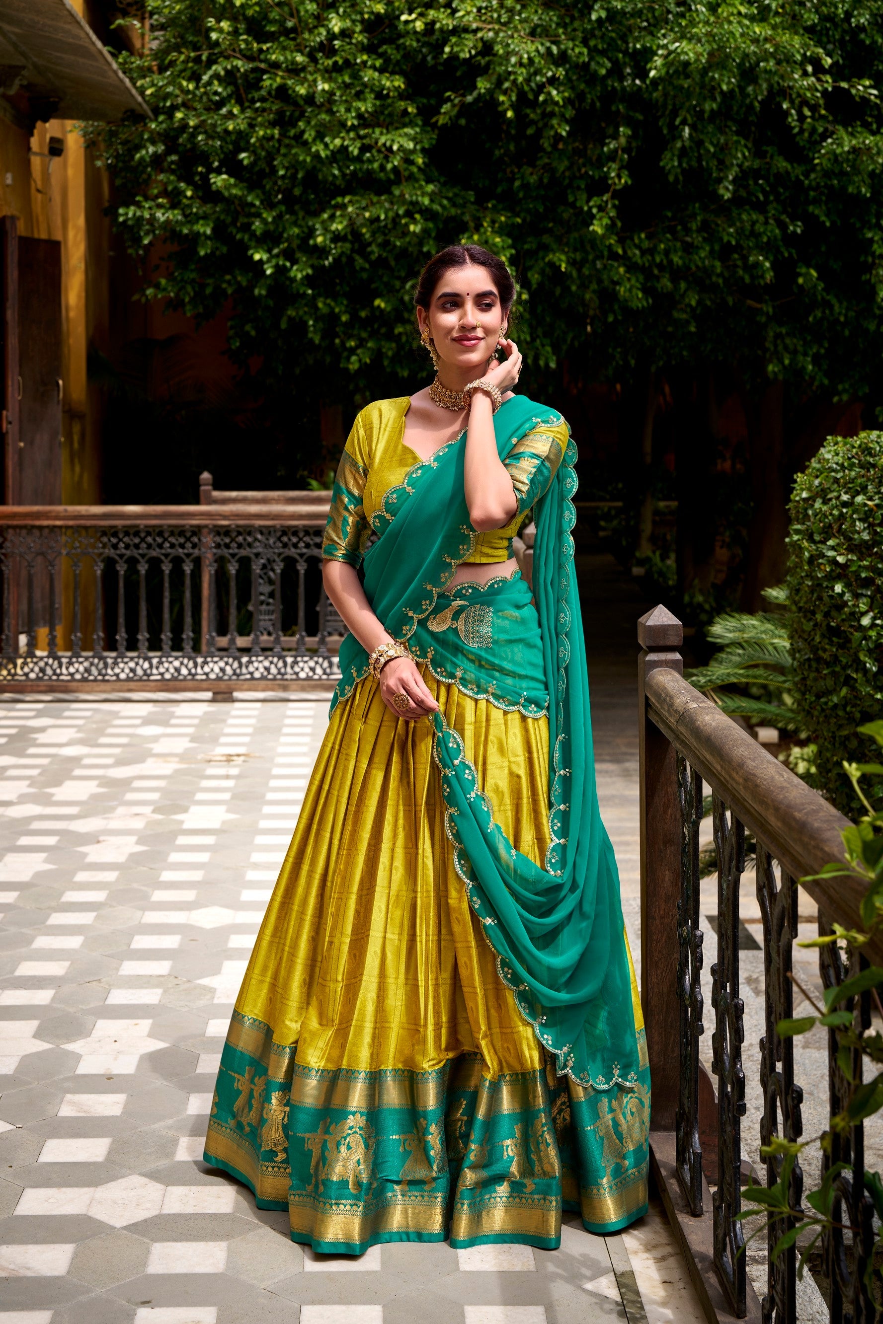 Lorenvalley Fashion Yellow Poly Cotton Zari Weaving Work Lehenga Choli with Dupatta