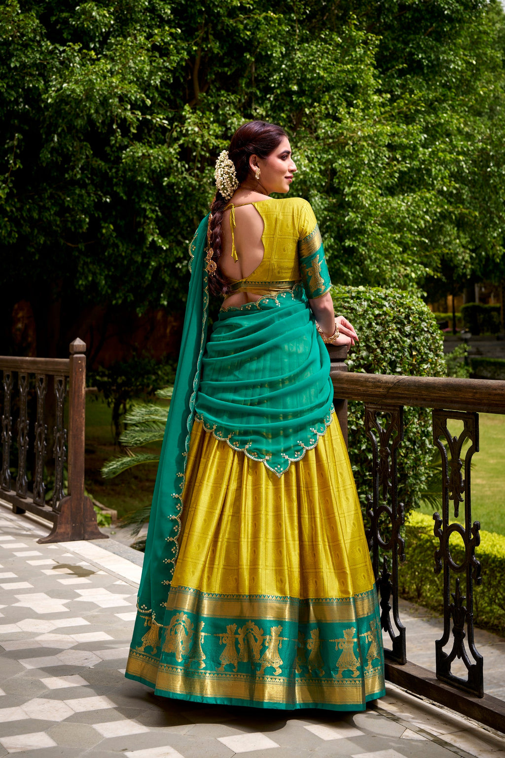 Lorenvalley Fashion Yellow Poly Cotton Zari Weaving Work Lehenga Choli with Dupatta