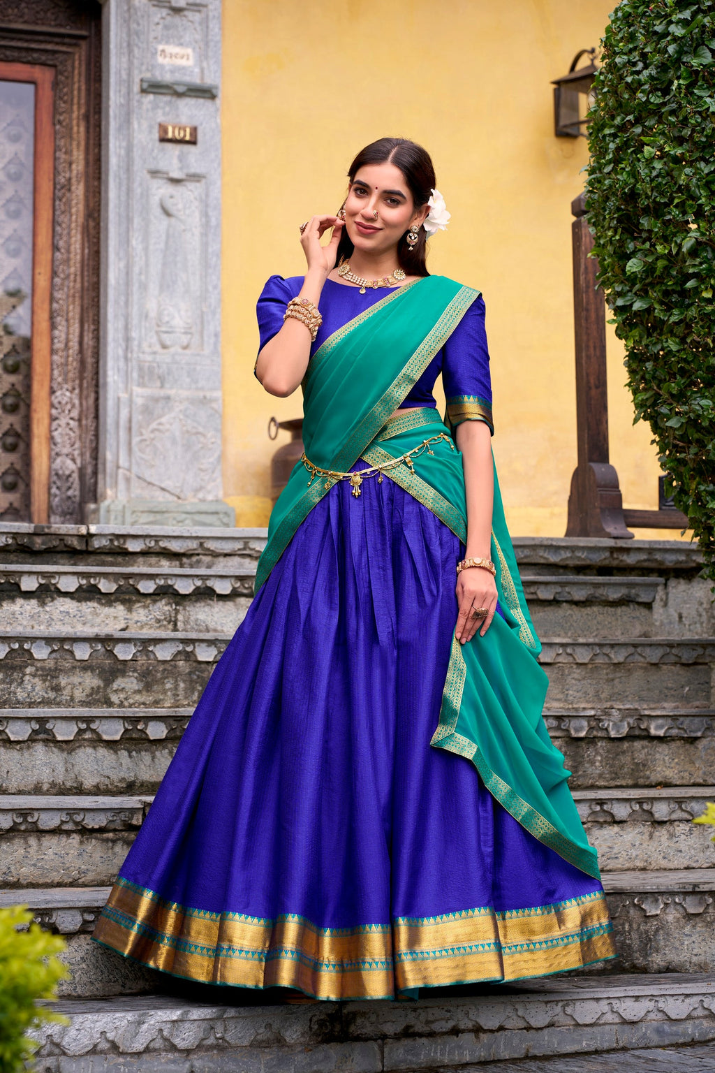 Lorenvalley Fashion Royalblue Poly Cotton Zari Weaving Work Lehenga Choli with Dupatta