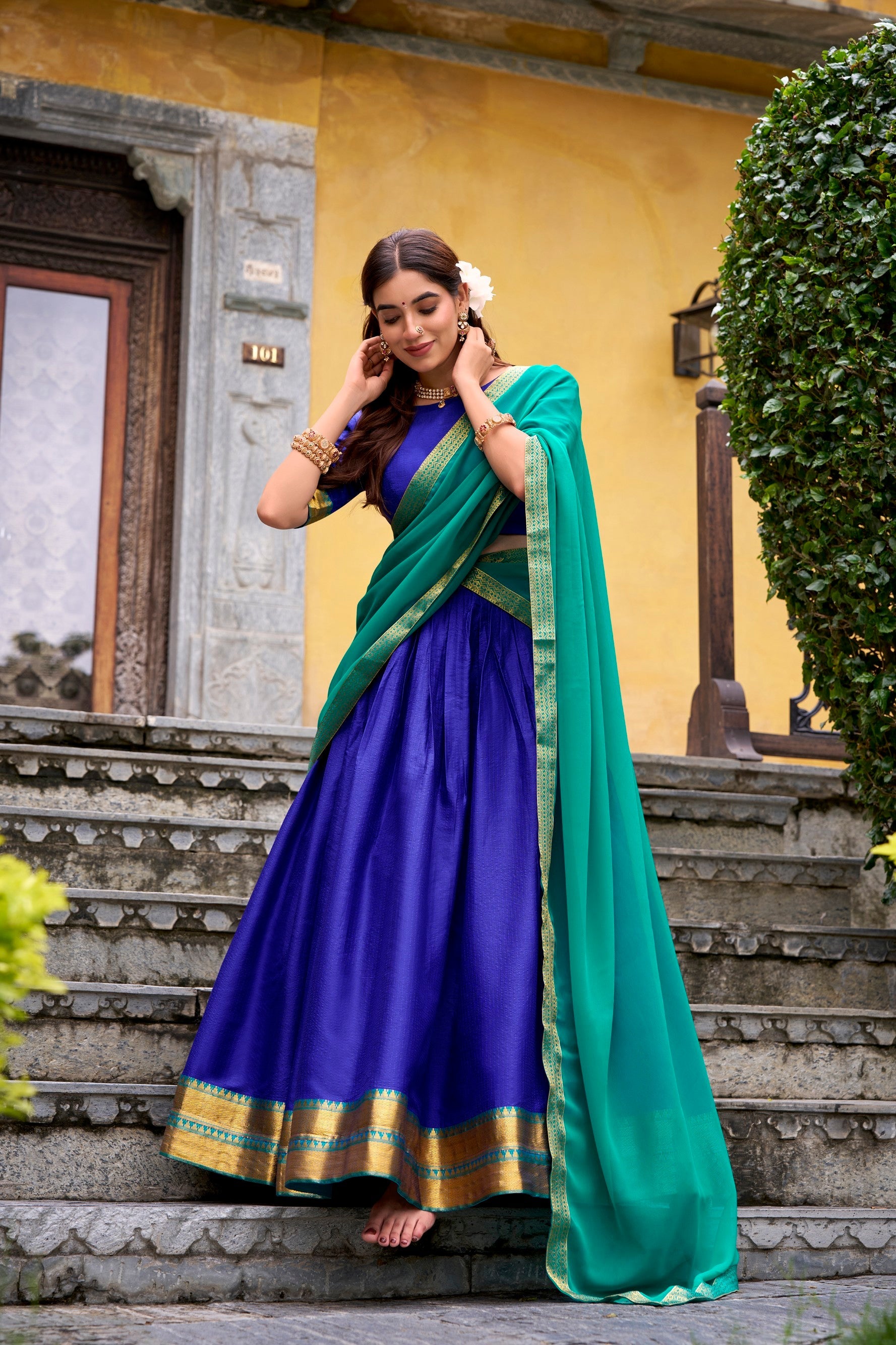 Lorenvalley Fashion Royalblue Poly Cotton Zari Weaving Work Lehenga Choli with Dupatta