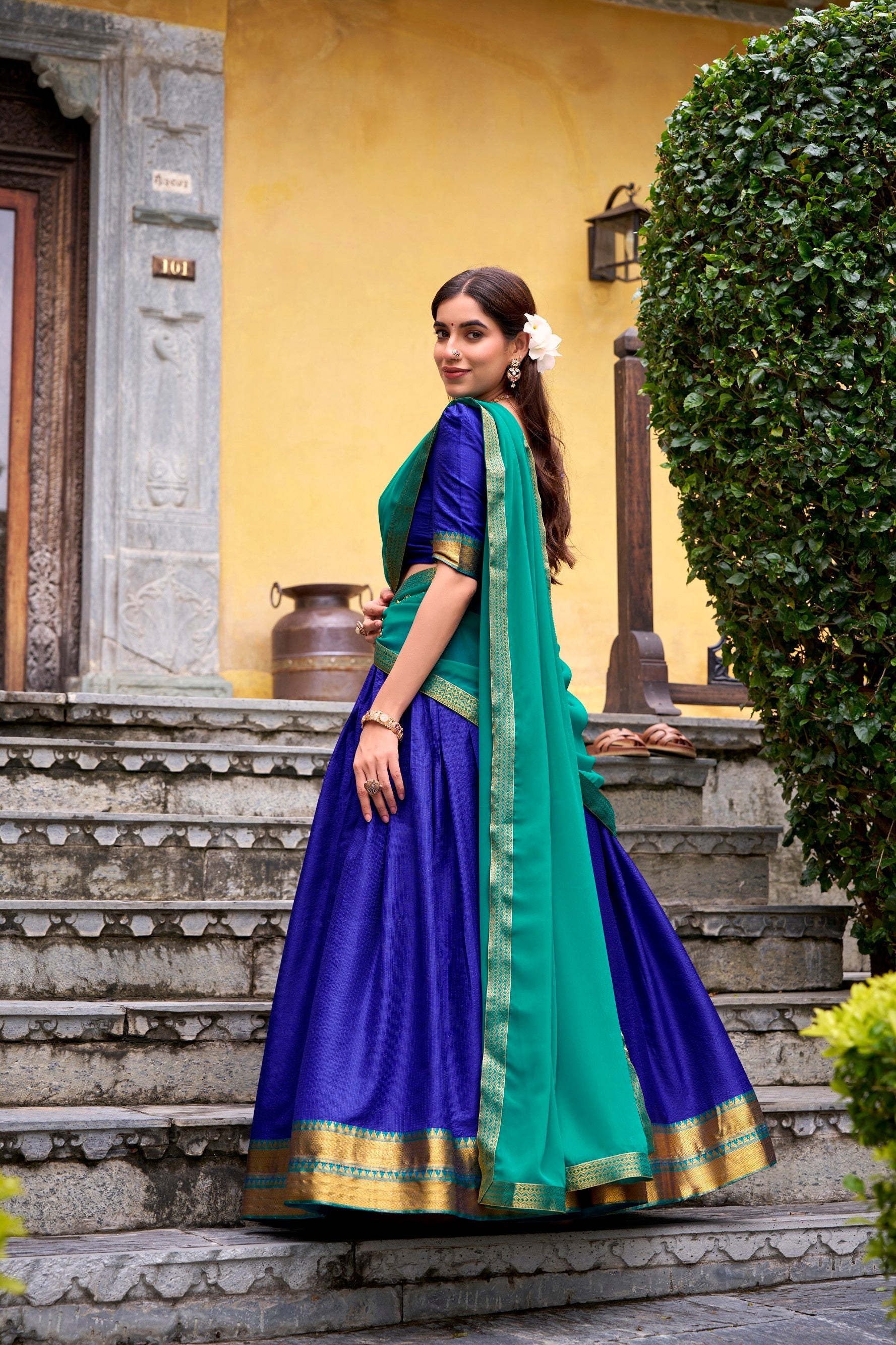 Lorenvalley Fashion Royalblue Poly Cotton Zari Weaving Work Lehenga Choli with Dupatta