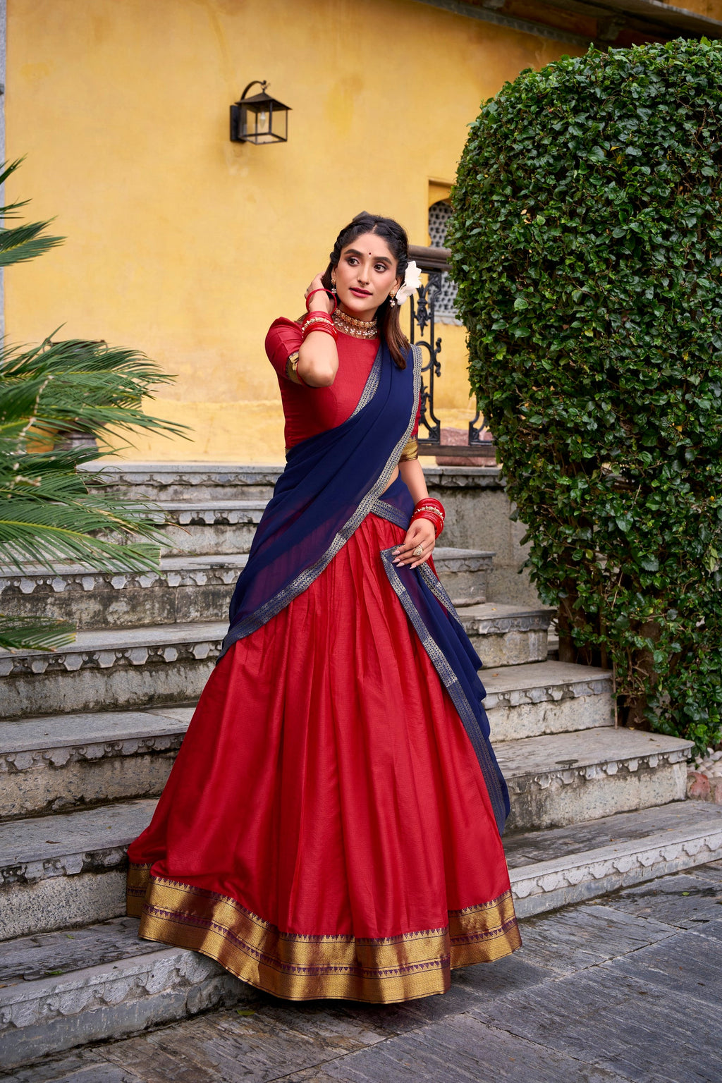 Lorenvalley Fashion Red Poly Cotton Zari Weaving Work Lehenga Choli with Dupatta