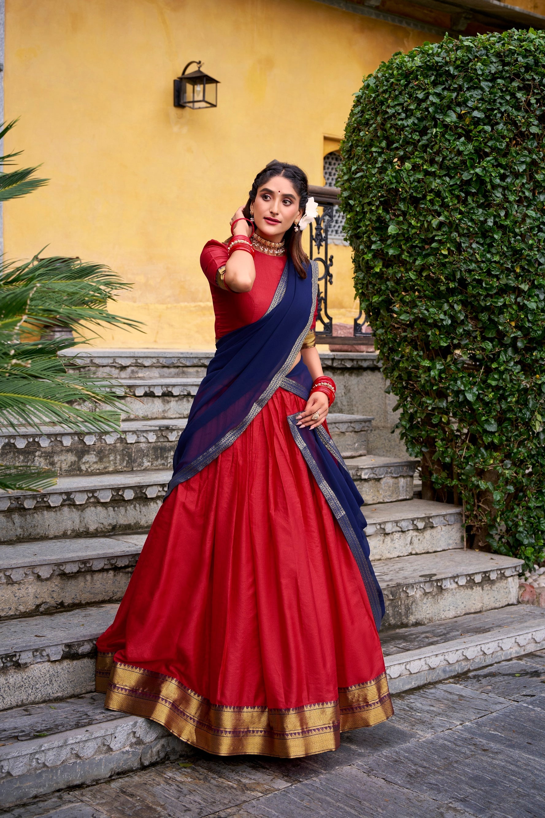 Lorenvalley Fashion Red Poly Cotton Zari Weaving Work Lehenga Choli with Dupatta