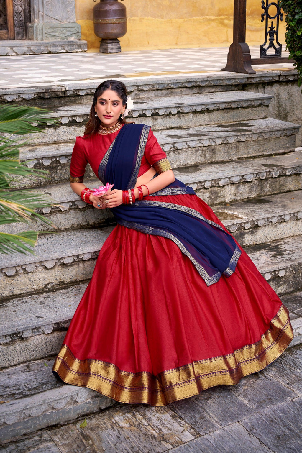 Lorenvalley Fashion Red Poly Cotton Zari Weaving Work Lehenga Choli with Dupatta